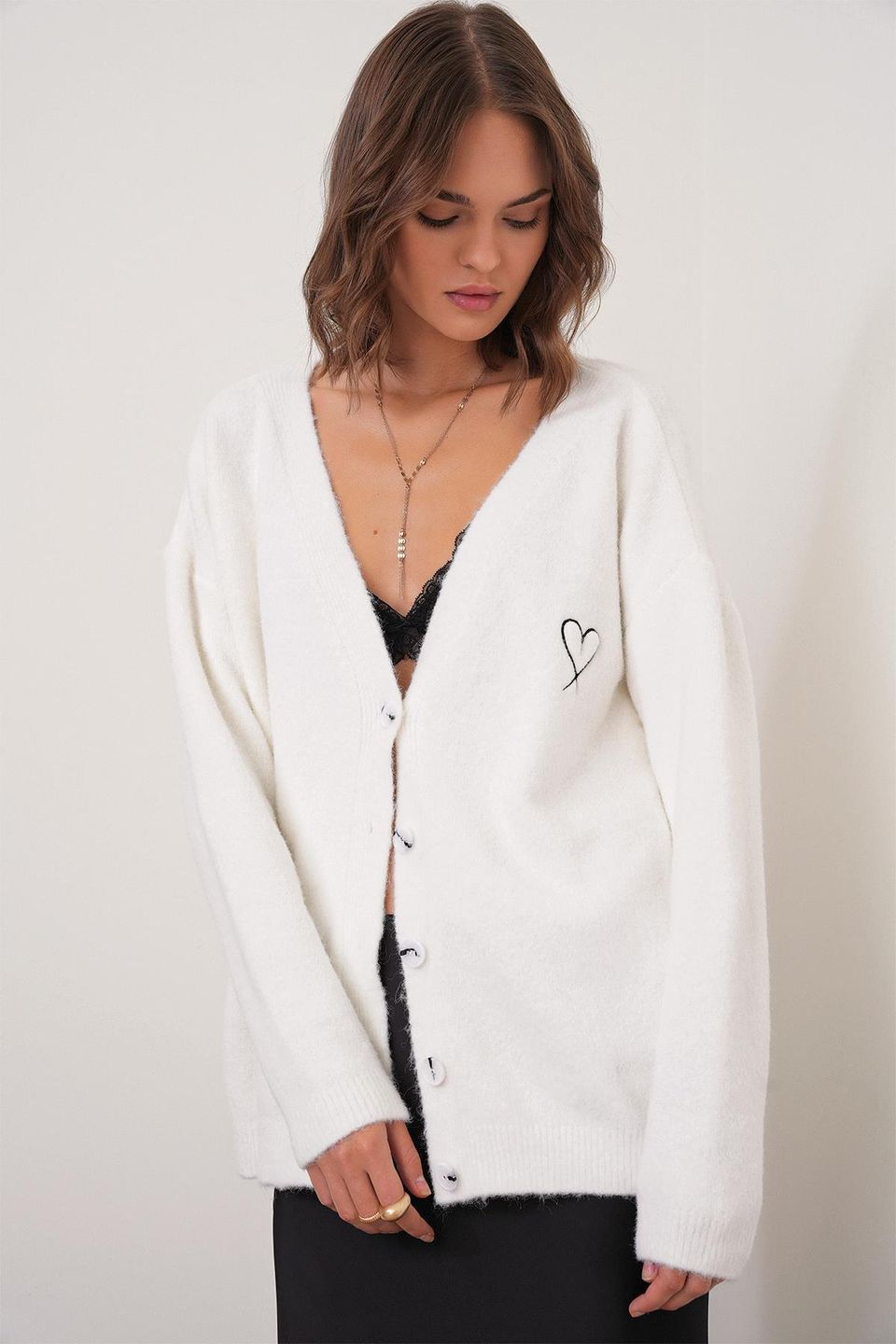 HiCCUP - Stone Natural Mixray Oversized Knit Cardigan With Heart