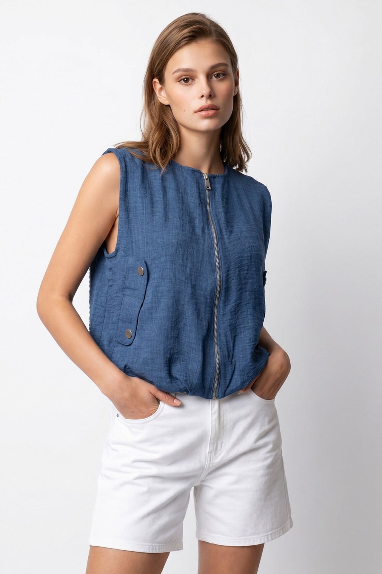MIXRAY Women's Woven Poplin Waistcoat With Zip Front 5