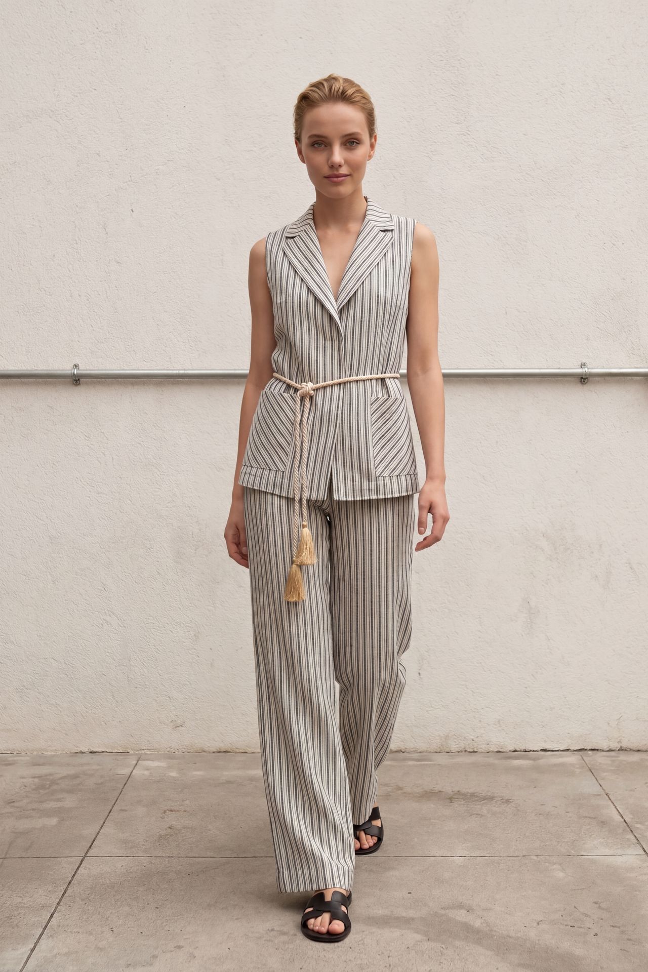 MY FASHION Striped Shawl-Collar Vest and Wide-Leg Trousers Set 1