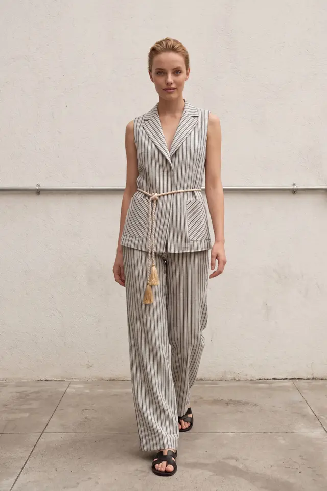 MY FASHION Striped Shawl-Collar Vest and Wide-Leg Trousers Set