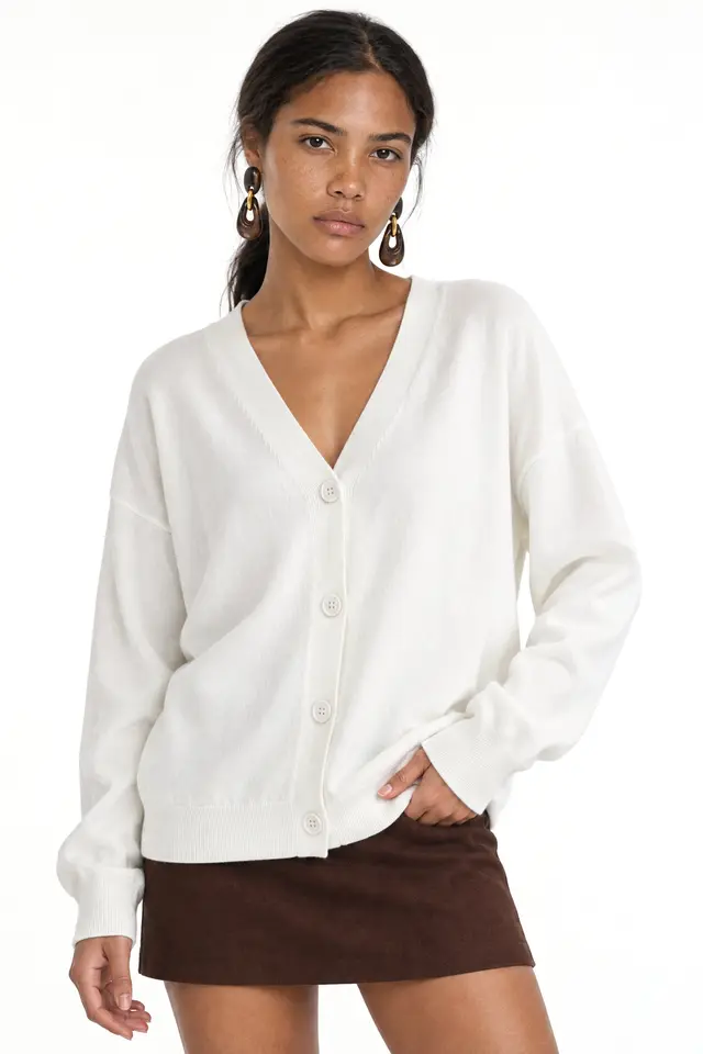 MIXRAY Long Ribbed Knitwear Cardigan with V-neck and Button Closure