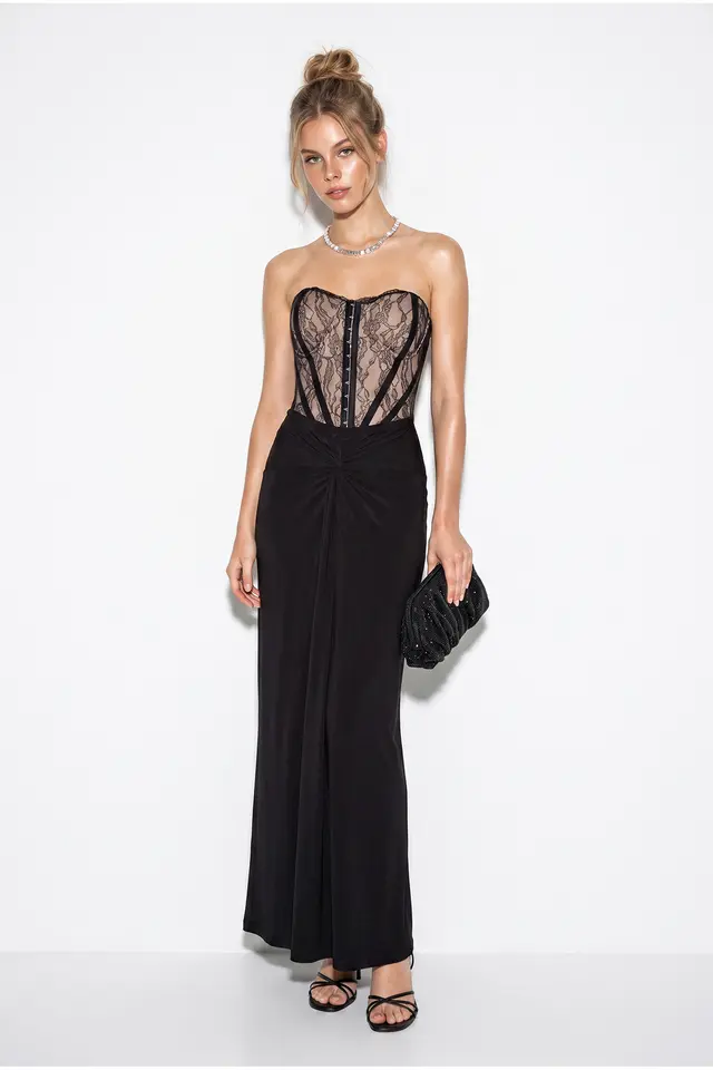 LUCCI Strapless Lace Corset Maxi Dress
