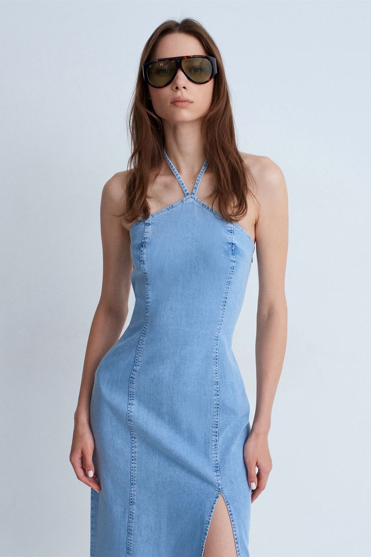 DILVIN Halter Neck Midi Denim Dress 3