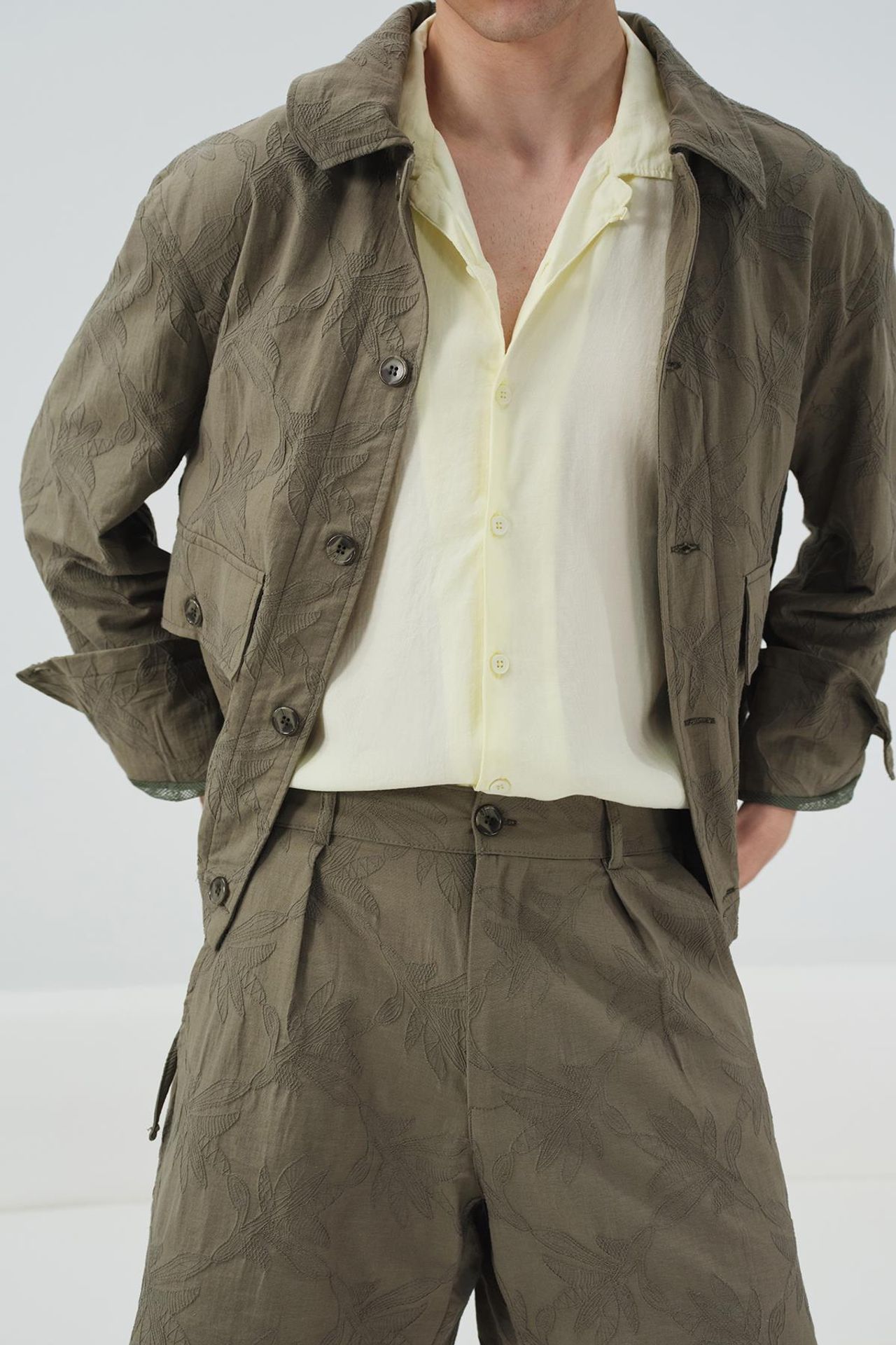 GIESTO Floral Jacquard Buttoned Shirt Collar Jacket 2