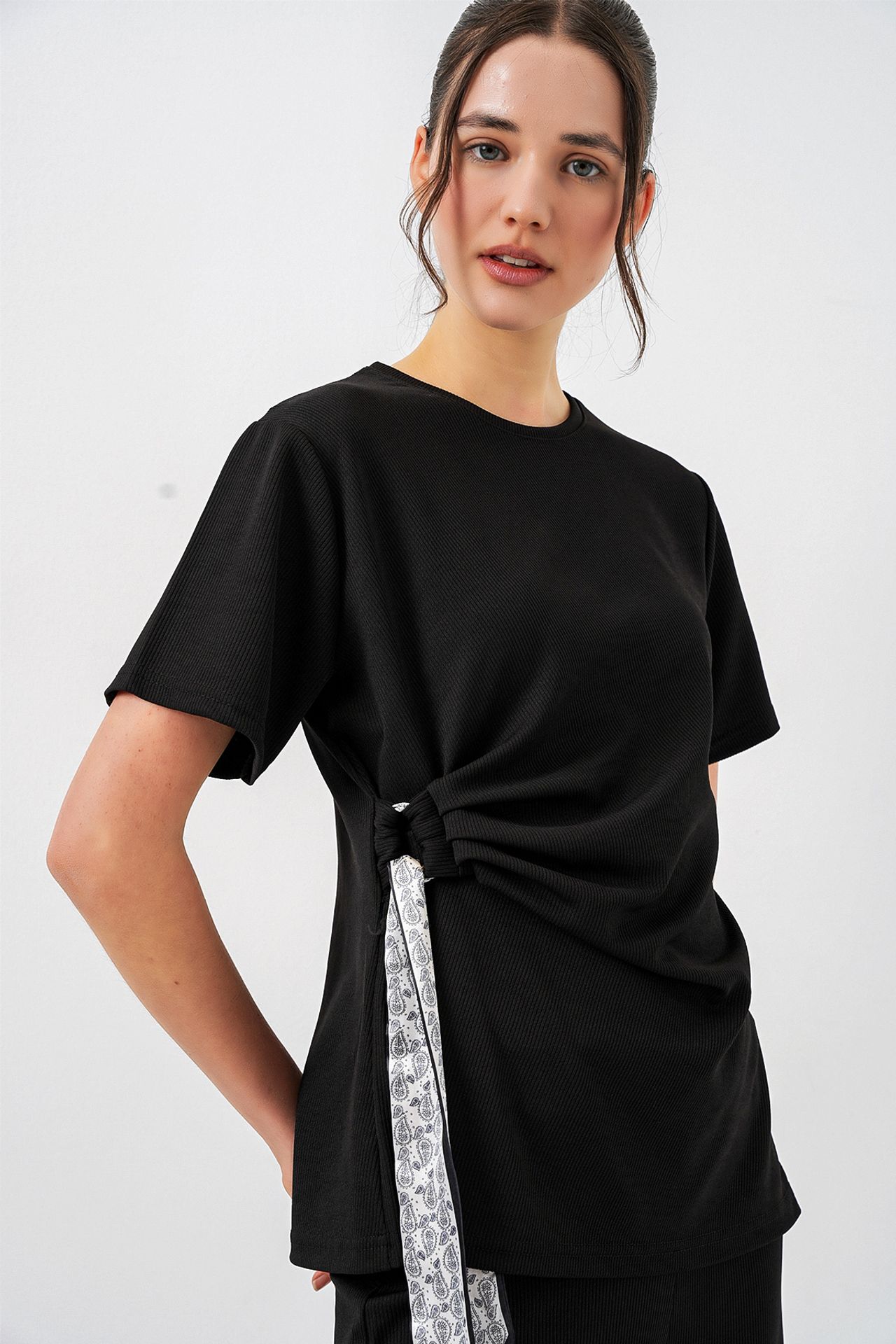 BDART Crew Neck Tie Detail Ribbed Co-Ord Set with Wide Leg Trousers 2