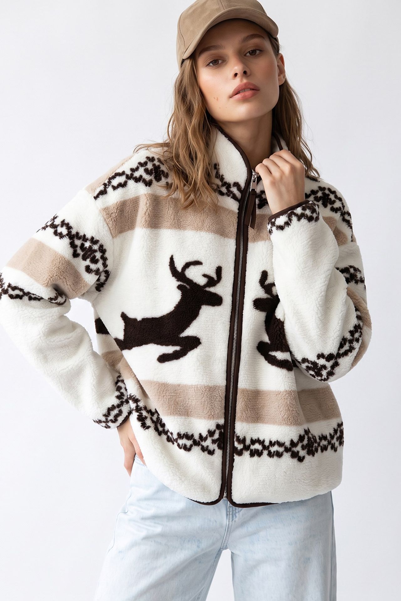 MIXRAY Kadın Geometrik Fermuarlı Yaka Sweatshirt 1