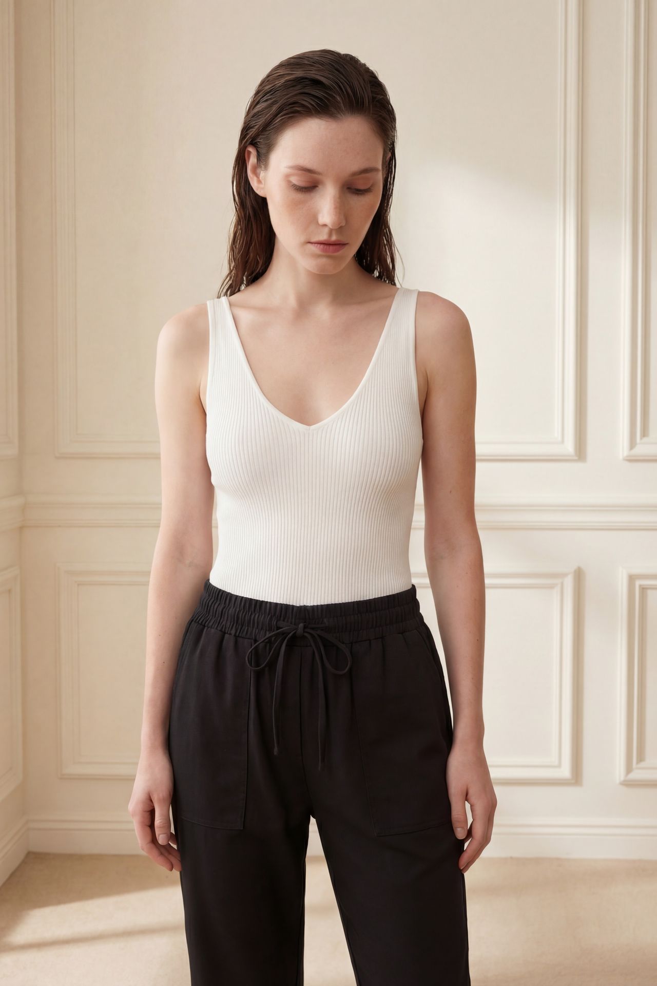 MY FASHION Ankle Length Solid Gabardine Pants with Drawstring Waist 3