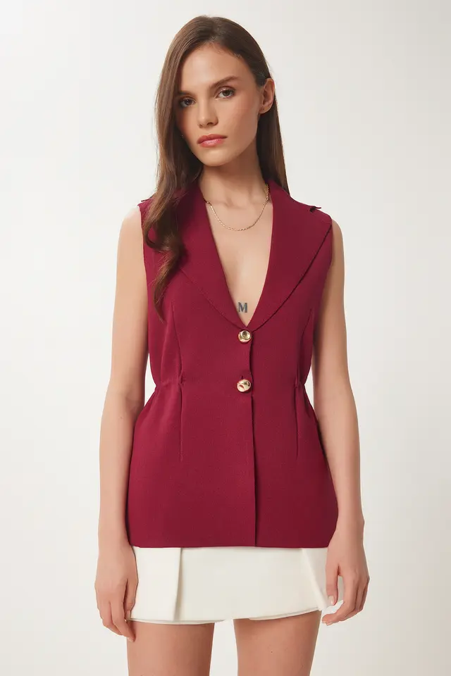 ISTANBUL Crepe Woven Sleeveless Waistcoat with Jacket Collar