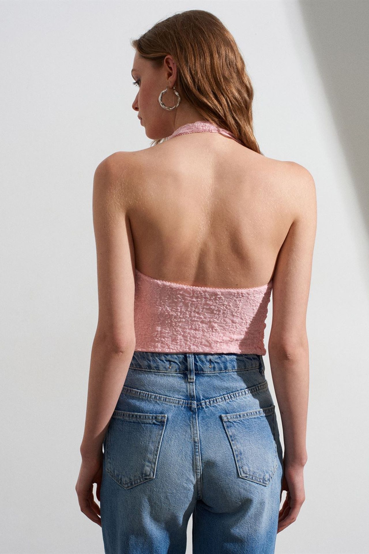 DILVIN Dantel Halter Yaka Kısa Bluz 2