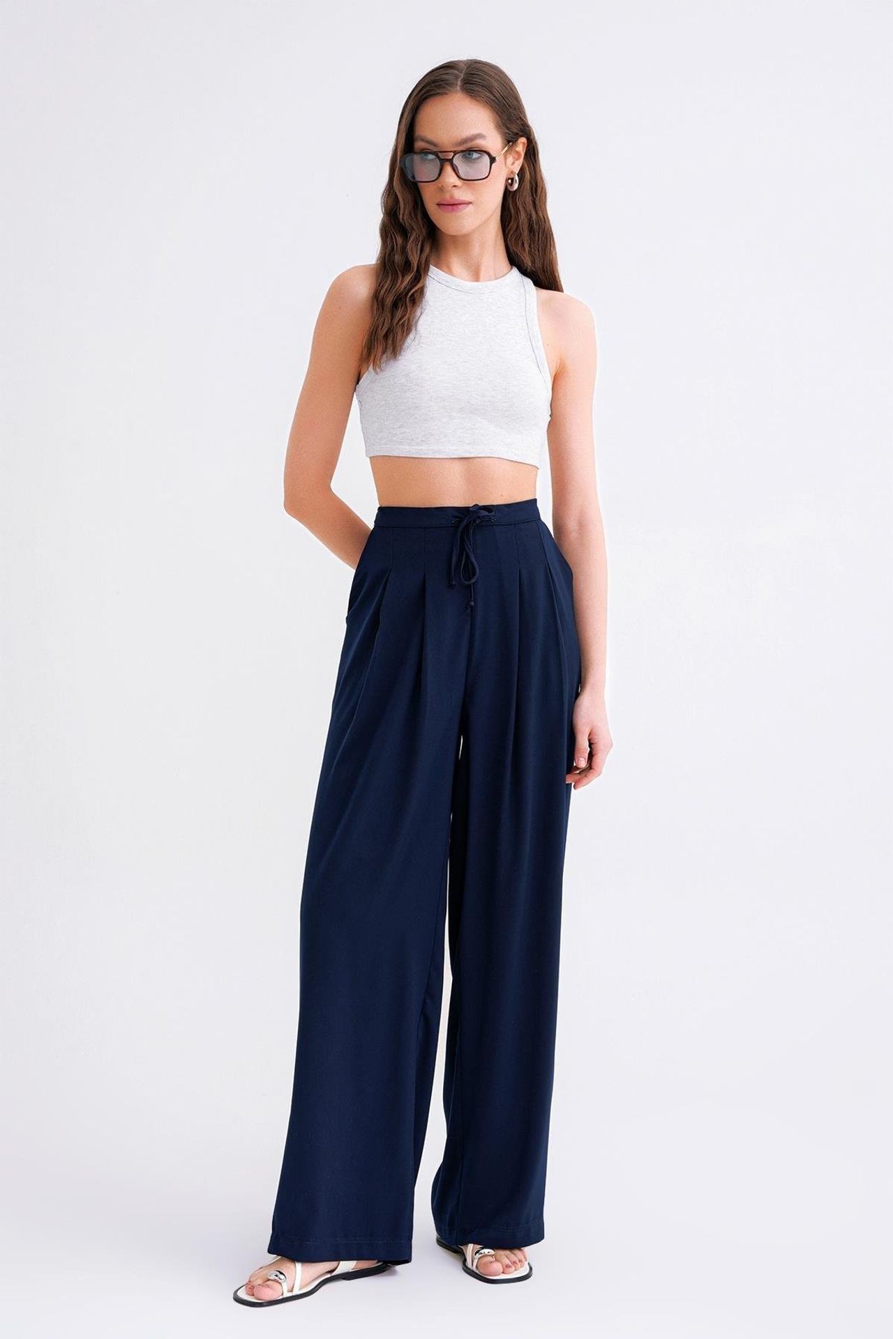Mixray High Waist Pleated Palazzo Pants 2