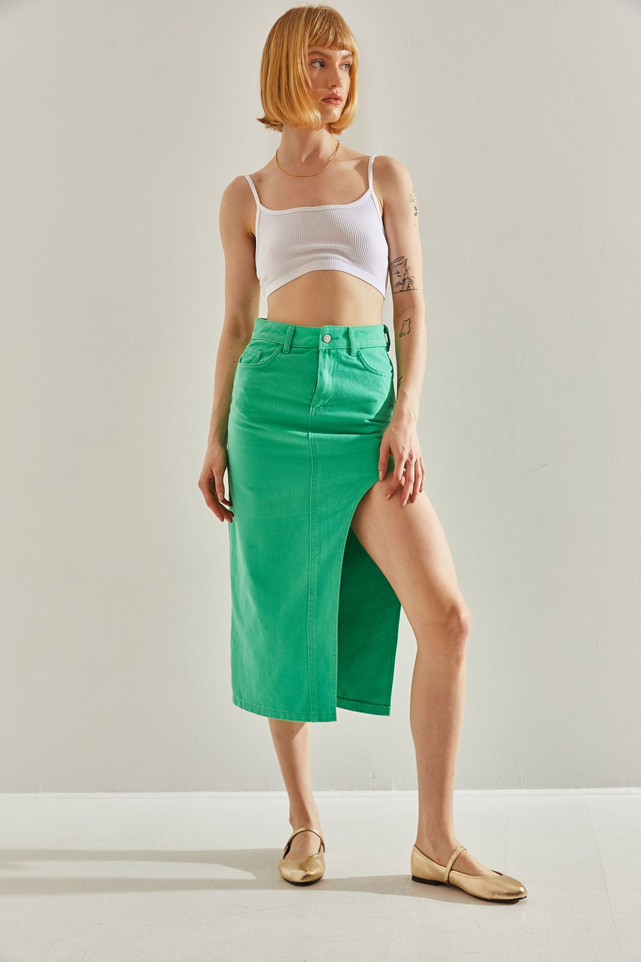 LUCCI High Waist Slit Midi Denim Skirt