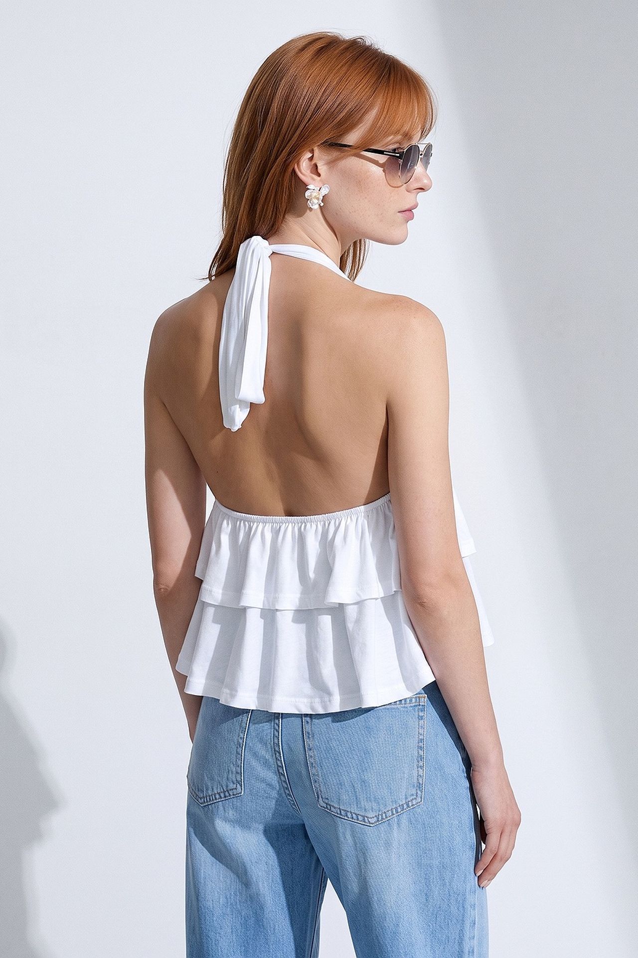 DILVIN Fırfır Detaylı Halter Yaka Poplin Bluz 3
