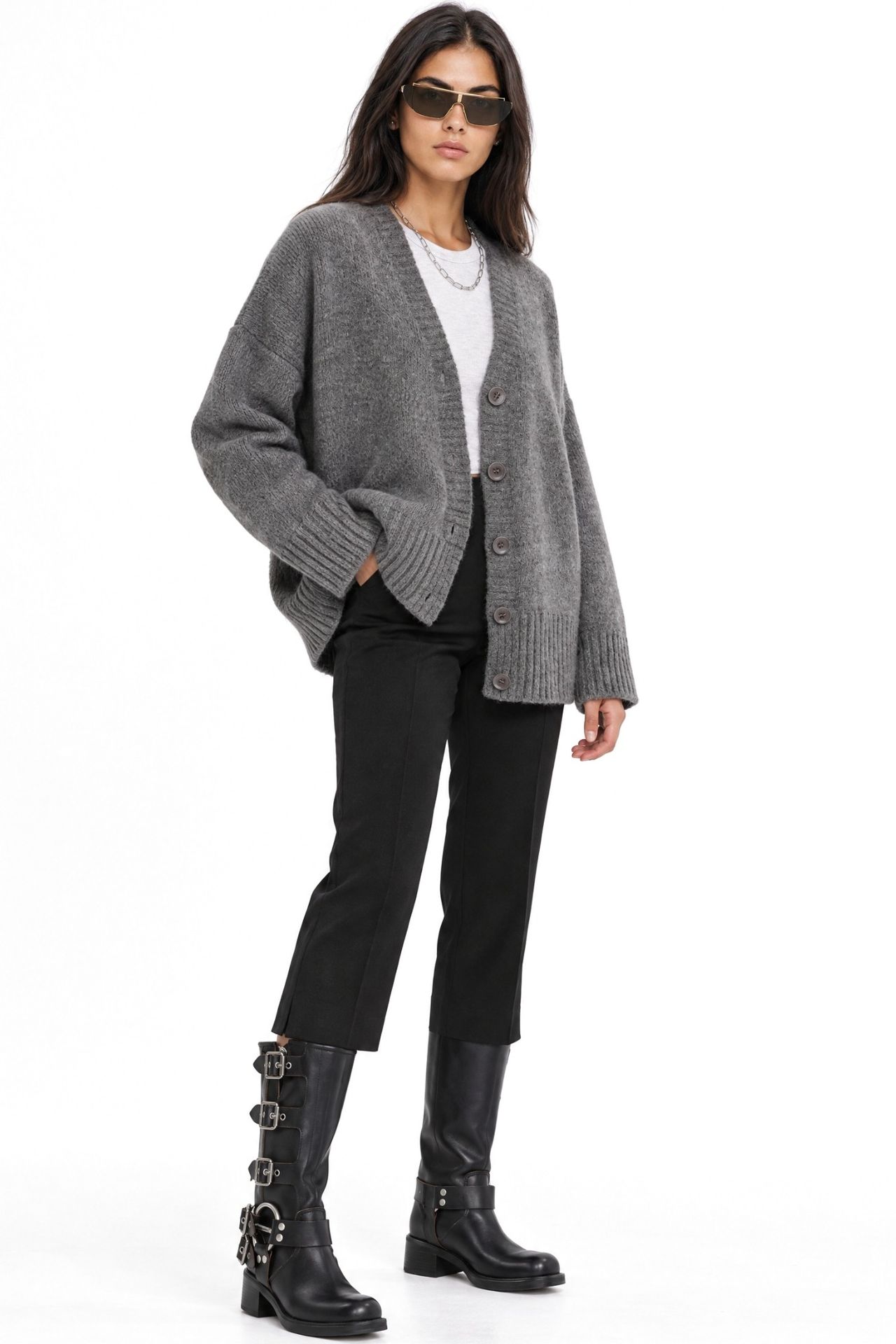 Mixray Buttoned V-Neck Ribbed Knit Cardigan 2