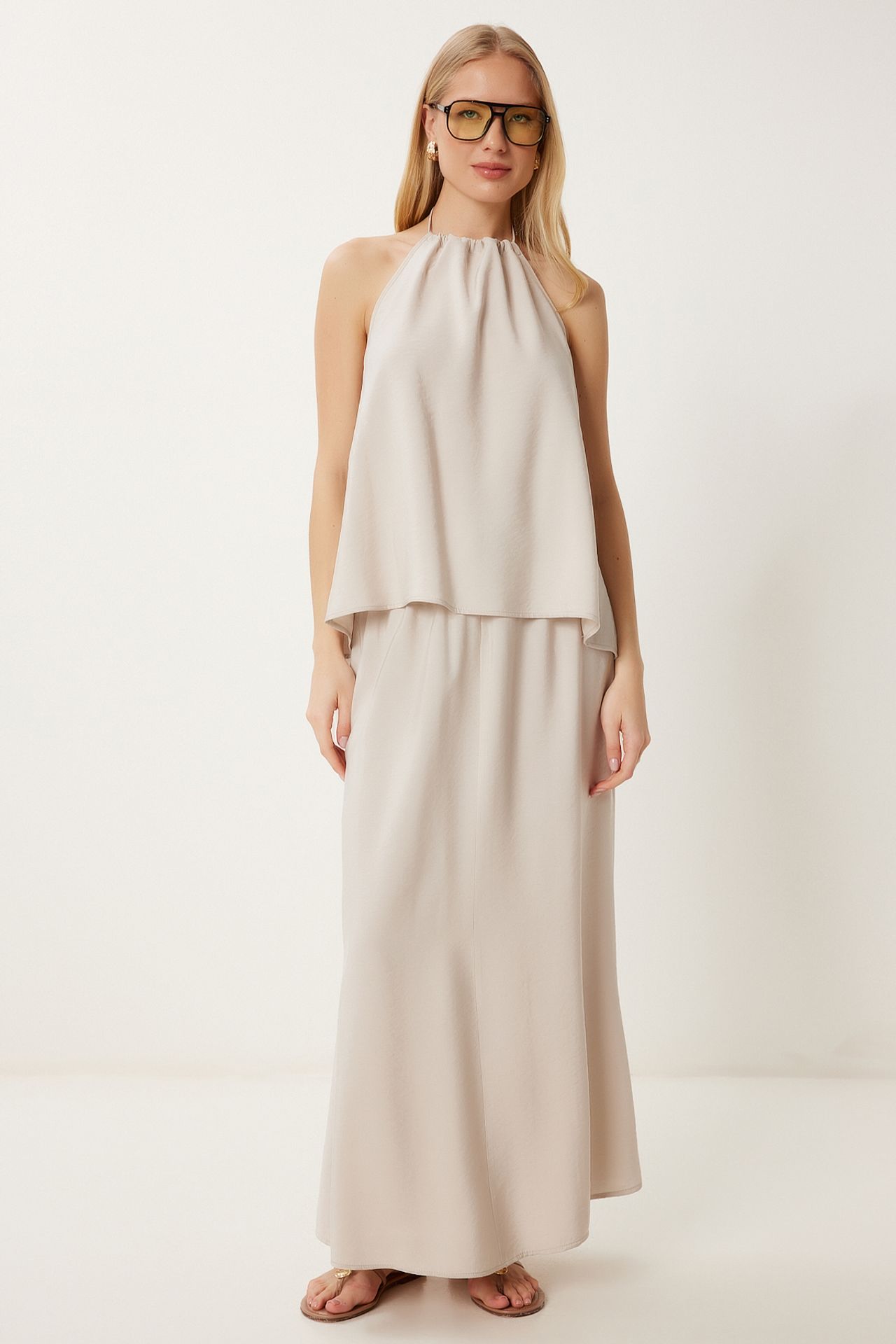 ISTANBUL Halter Tie-Detail Blouse and Wide-Leg Skirt Set 2