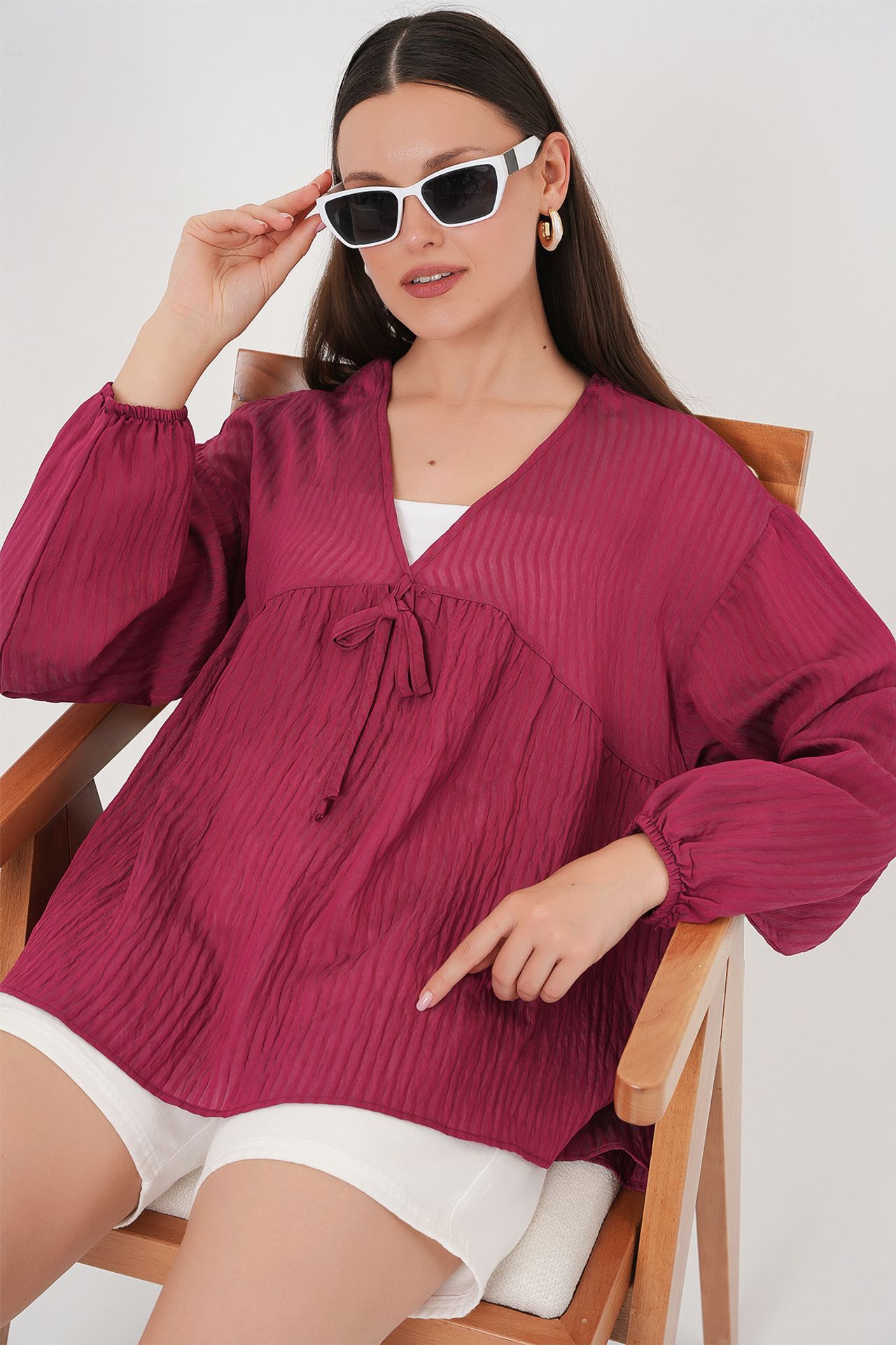 BDART Textured Seersucker V-Neck Blouse with Bow Tie 1