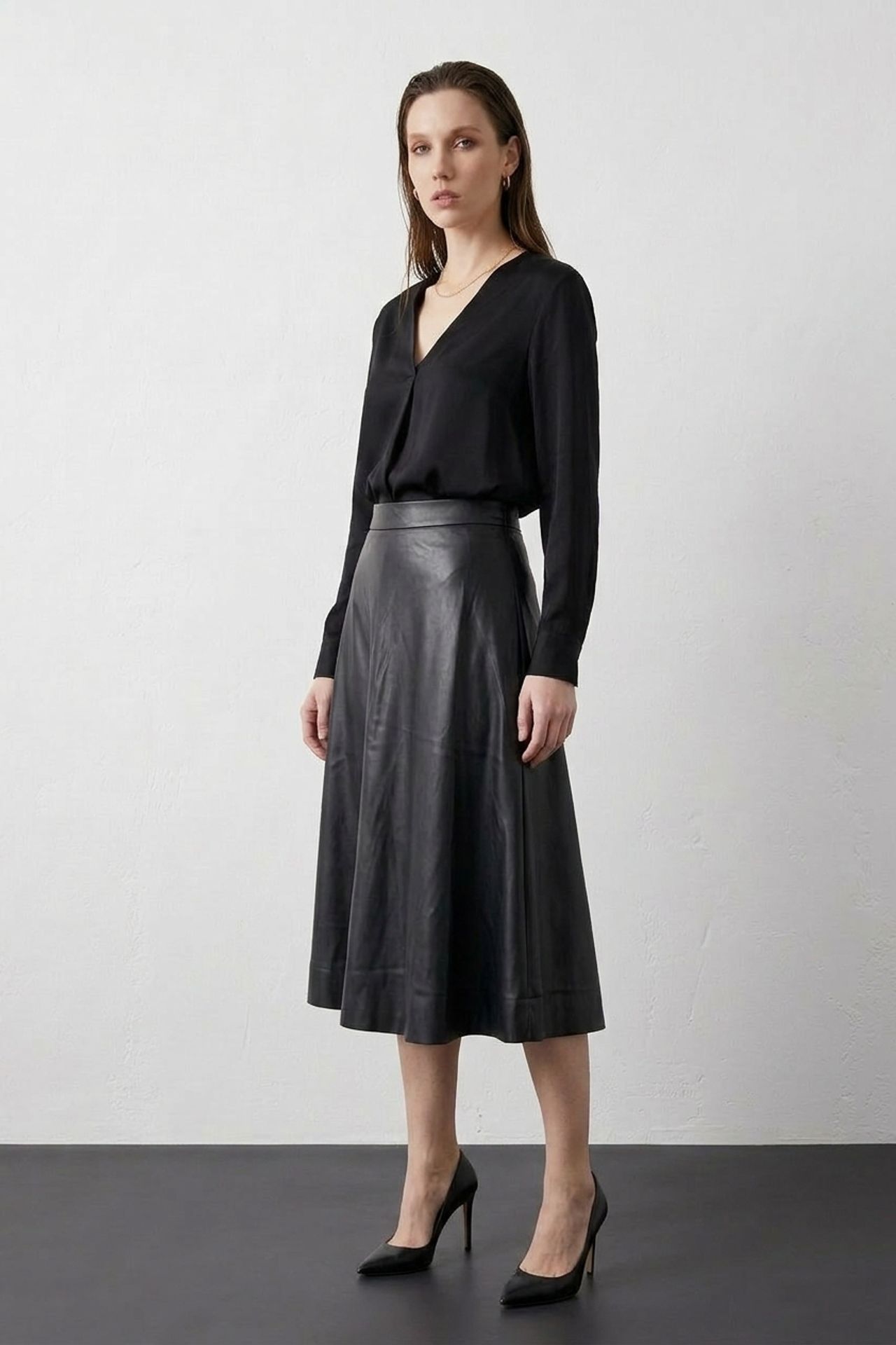 MY FASHION Yüksek Bel Midi A Kesim Suni Deri Etek 6