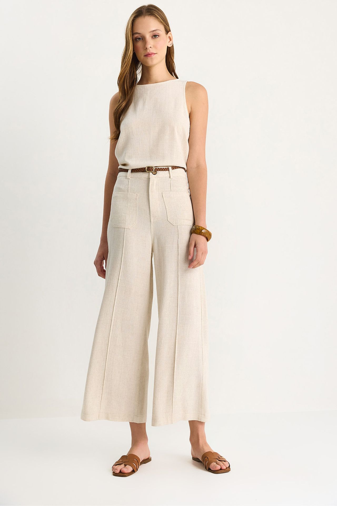 LUCCI High Waist Wide Leg Ankle-Length Pants with Belt 2