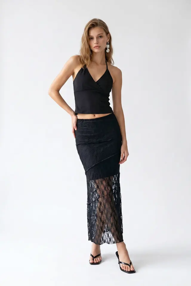 MIXRAY High Waist Lace Midi Skirt