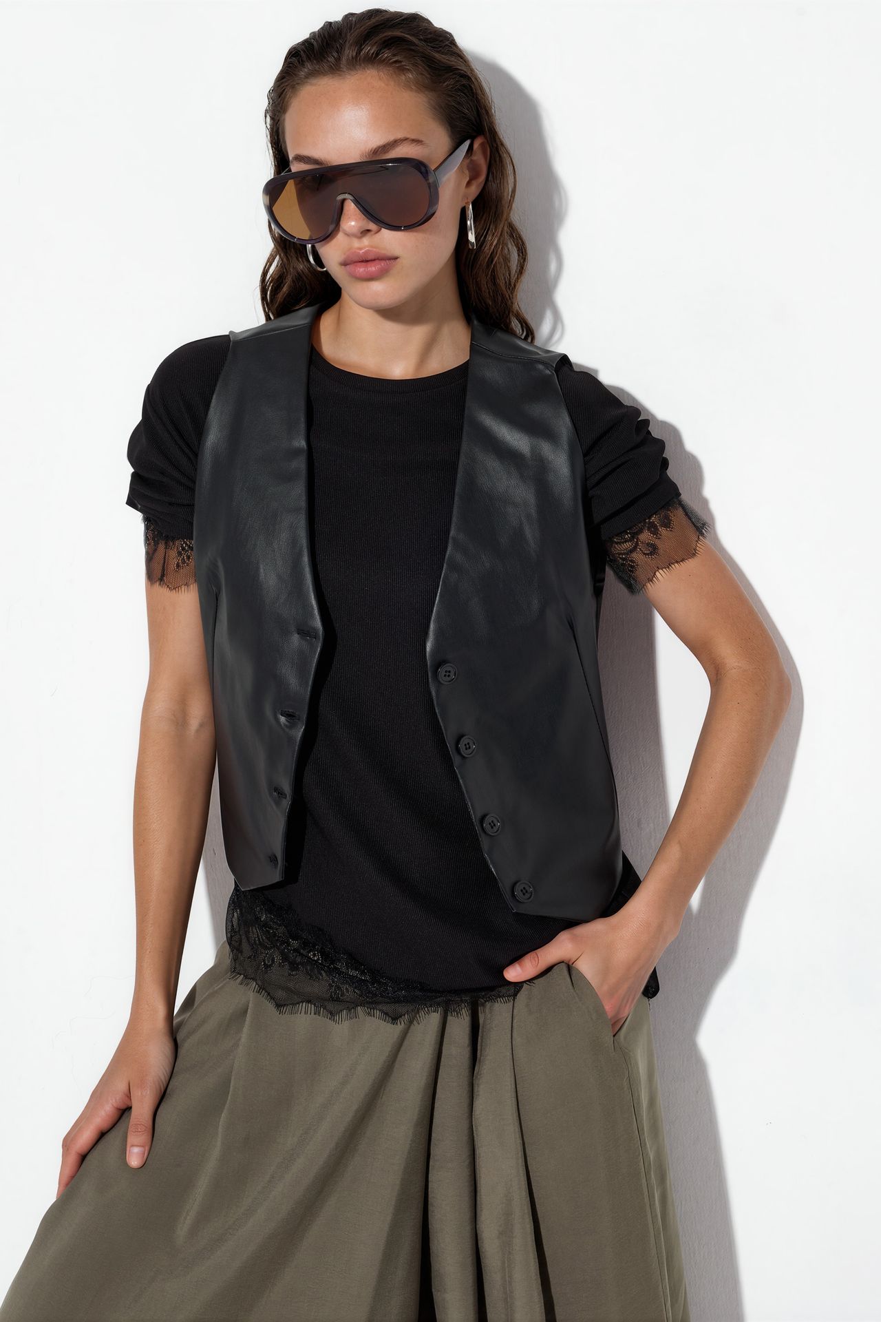 BDART Faux Leather V-Neck Buttoned Crop Vest 1