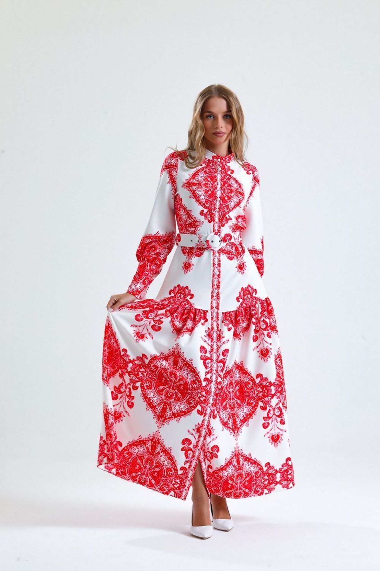 MSN Paisley Print Belted Maxi Dress with Shirt Collar