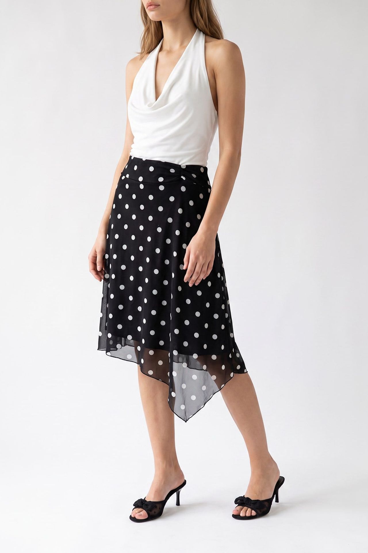 MIXRAY High-Waist Polka Dot Tulle Midi Skirt 3