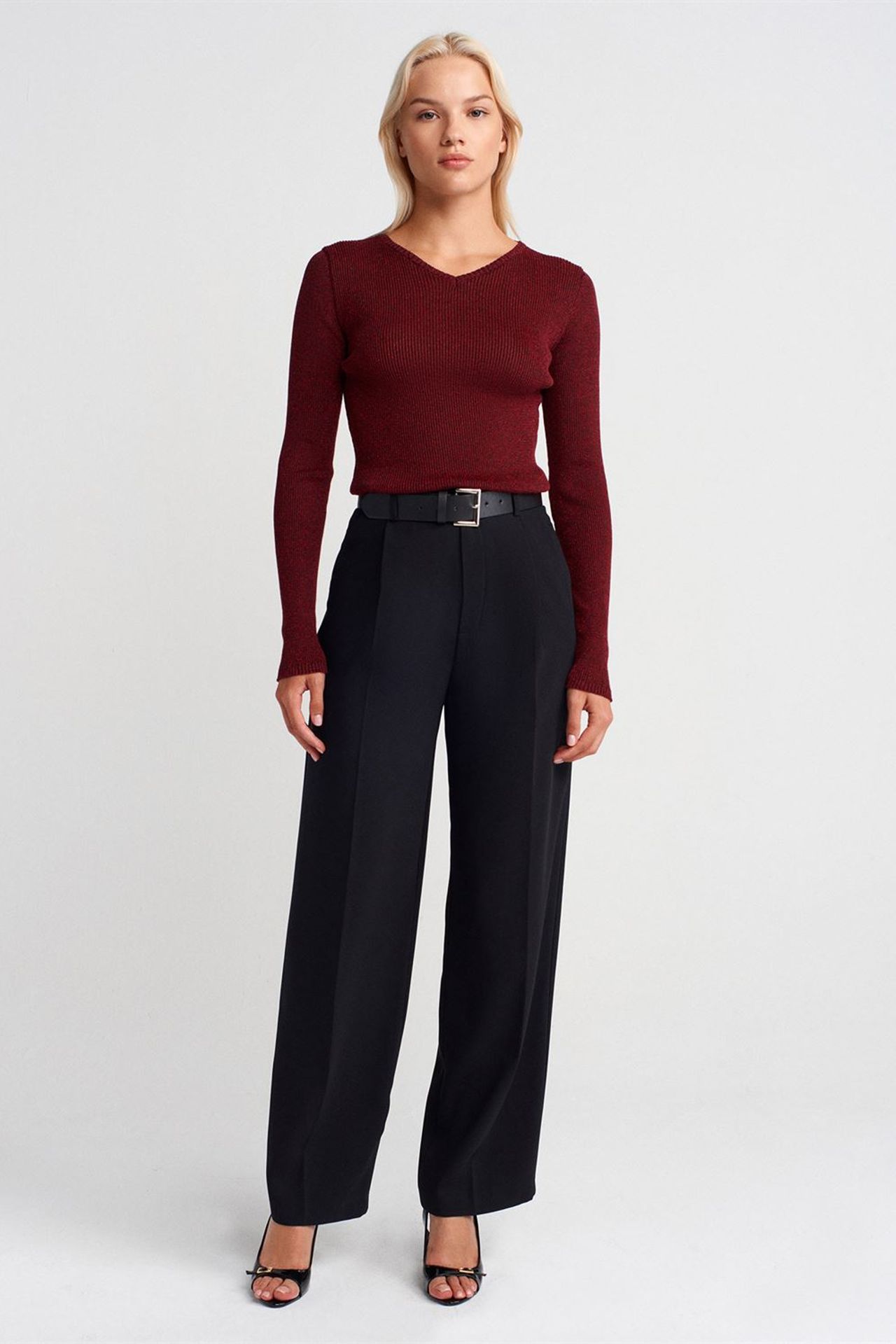 DILVIN Kadın Slim Fit V Yaka Fitilli Kazak 4