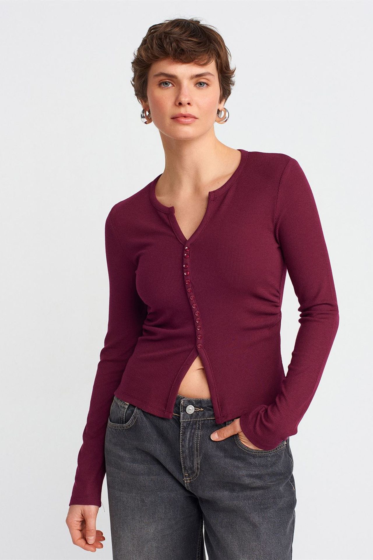 DILVIN Slim Fit Ribbed Button-Front Blouse 1