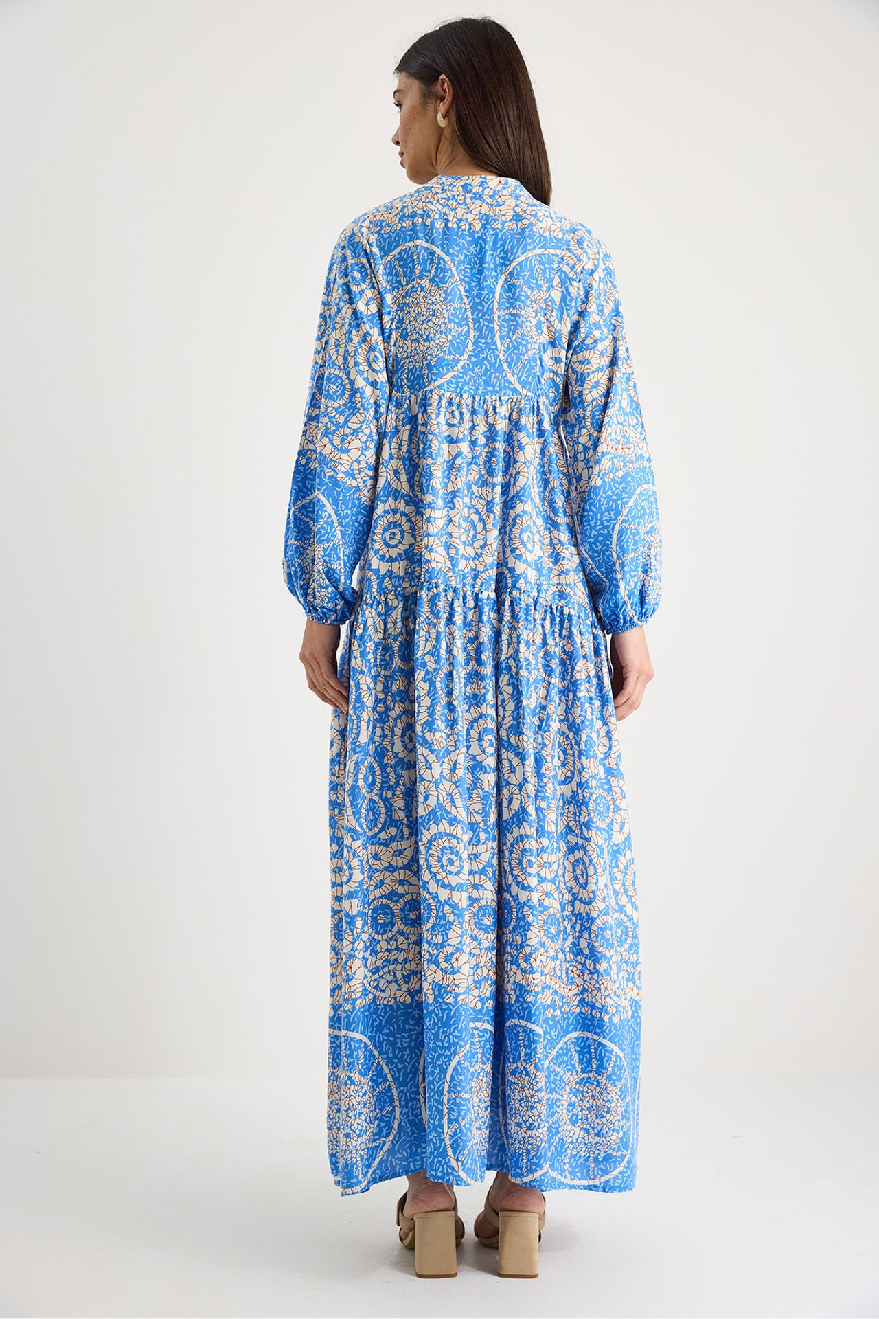 Patterned Maxi Dress with V-neck and Button Closure