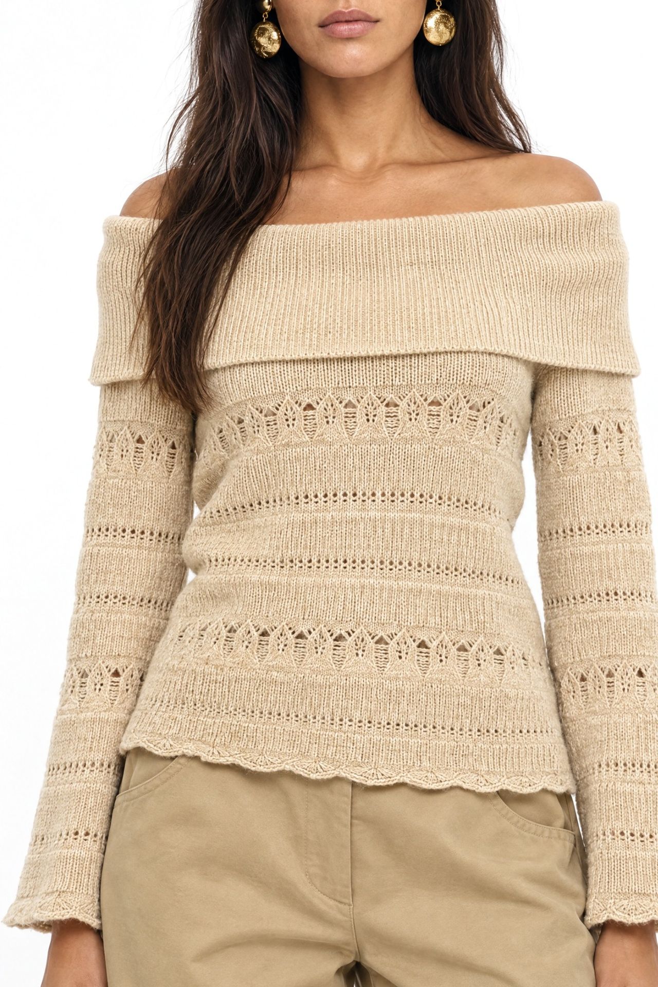 MIXRAY Off Shoulder Textured Ribbed Sweater with Cut Out Details 3