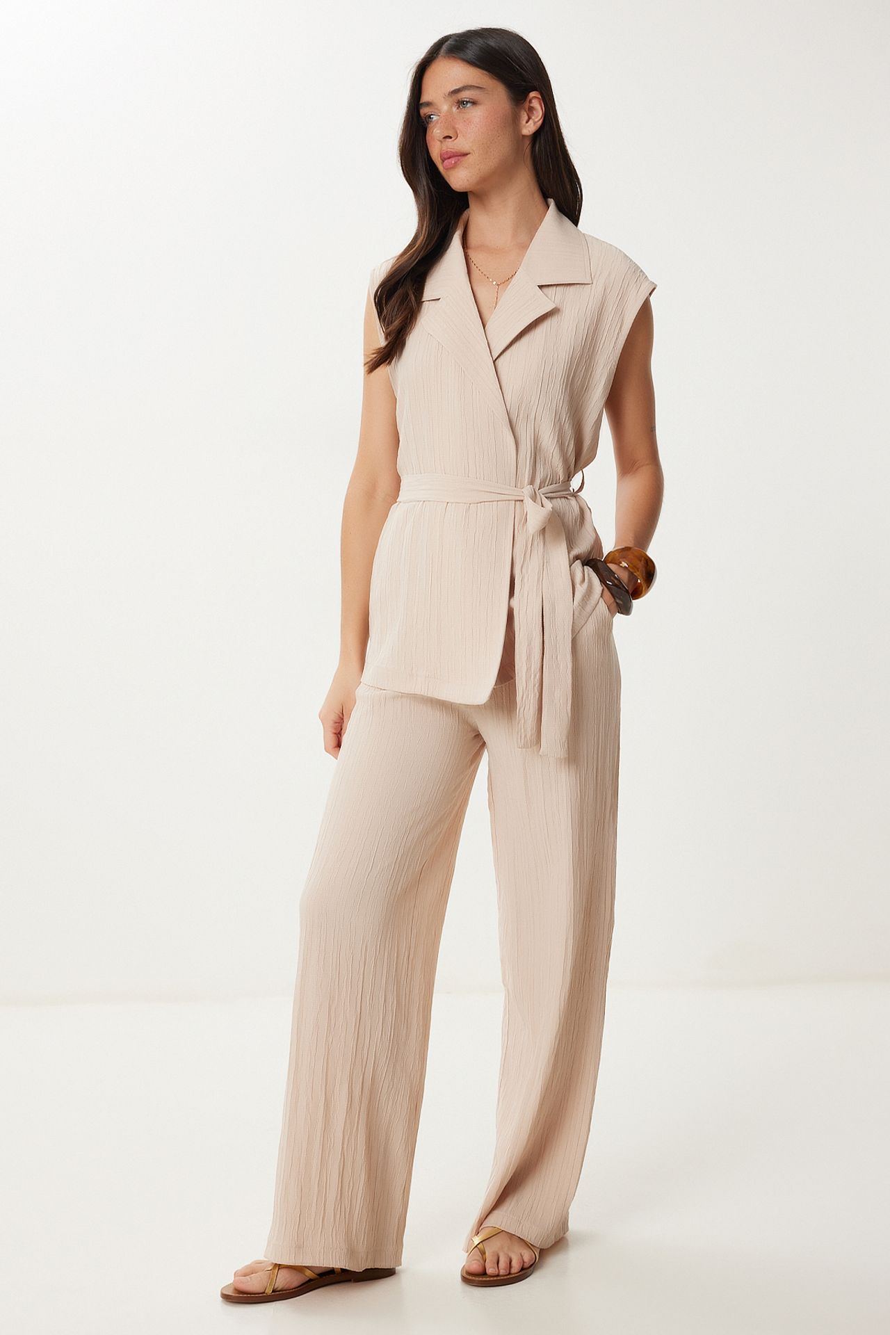ISTANBUL High Waist Two-Piece Set with Shirt Collar and Wide Leg Pants 3