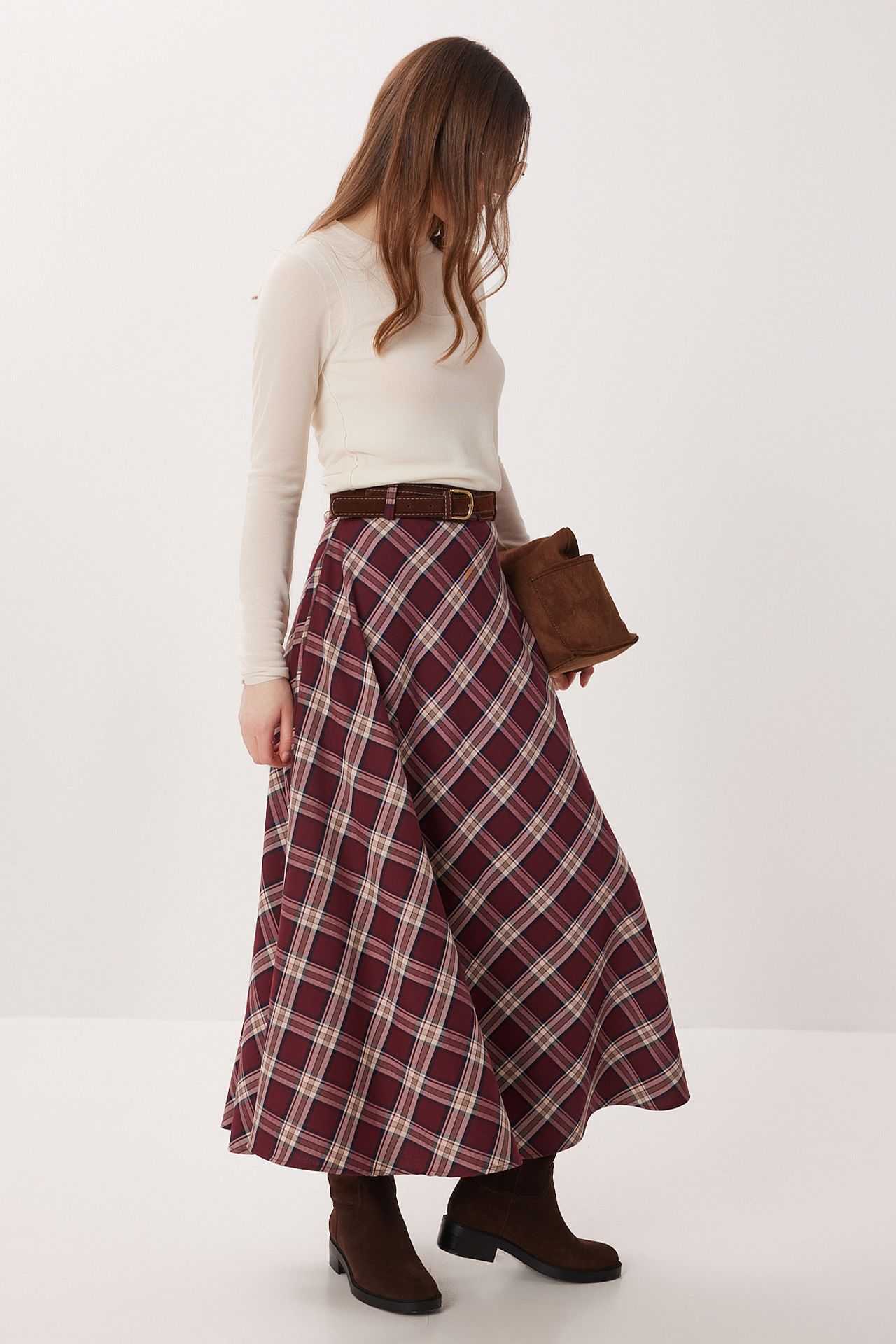 ISTANBUL High-Waist Plaid Midi A-Line Skirt 3