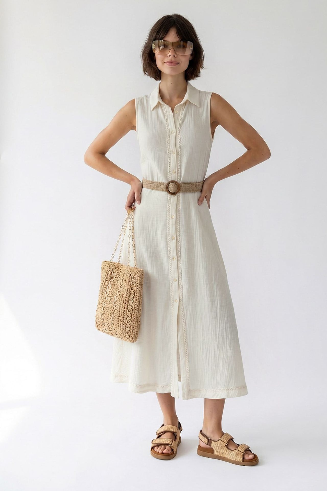 MIXRAY Belted Cotton Midi Shirt Dress 3