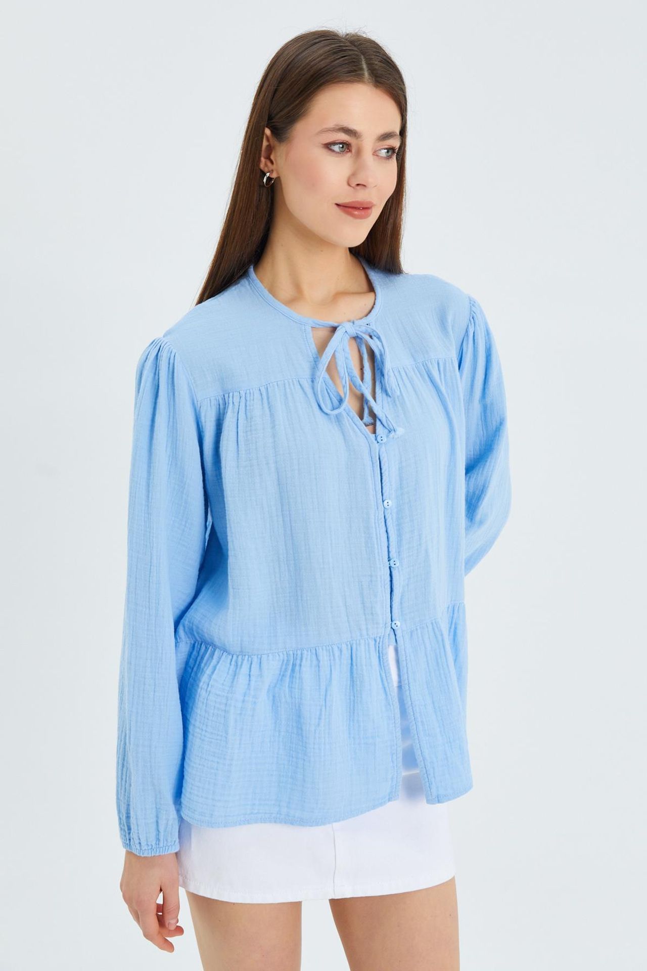 Mixray Long Sleeve Relaxed Fit Blouse with Tie-Neck 3