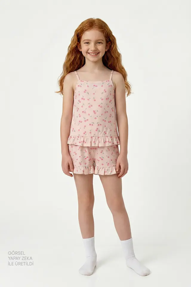 PENTI Girls' Pinky Cherry Short Sleeve Pajama Set
