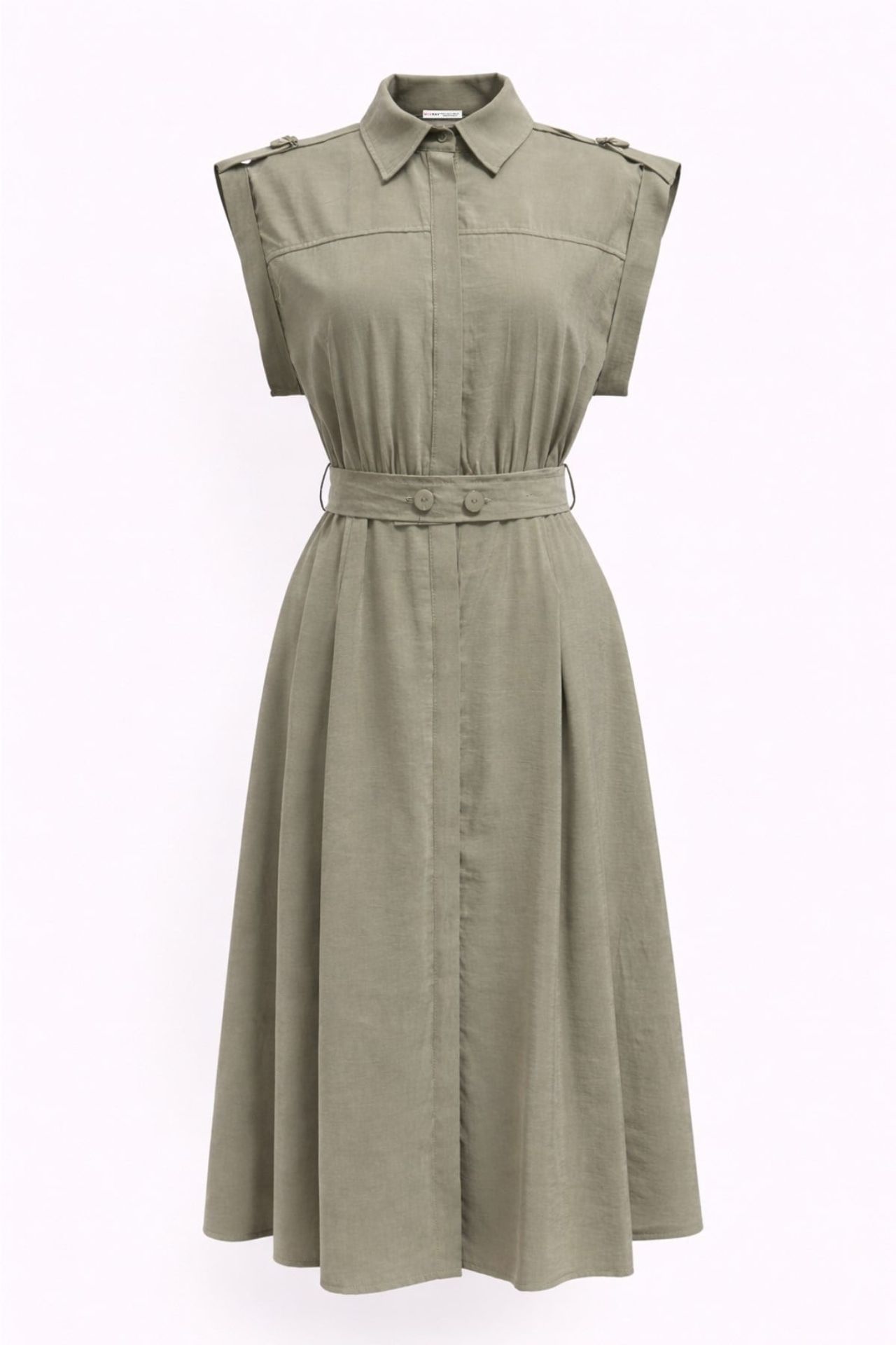 MIXRAY Textured A-Line Midi Shirt Dress with Belt 1