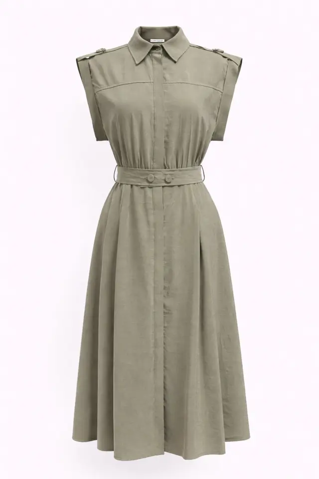 MIXRAY Textured A-Line Midi Shirt Dress with Belt