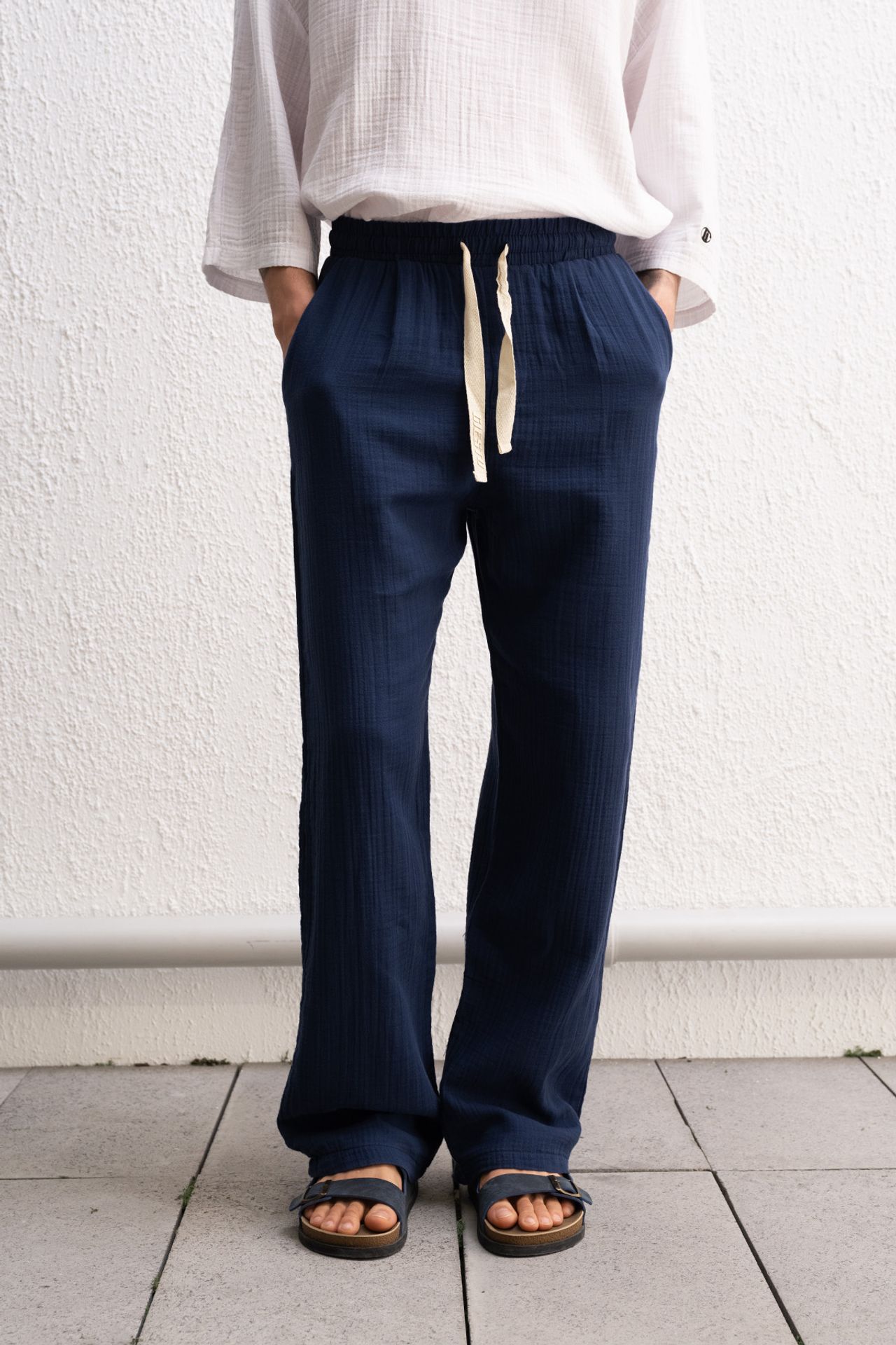GIESTO Textured Cotton Relaxed Fit Drawstring Waist Pants 1