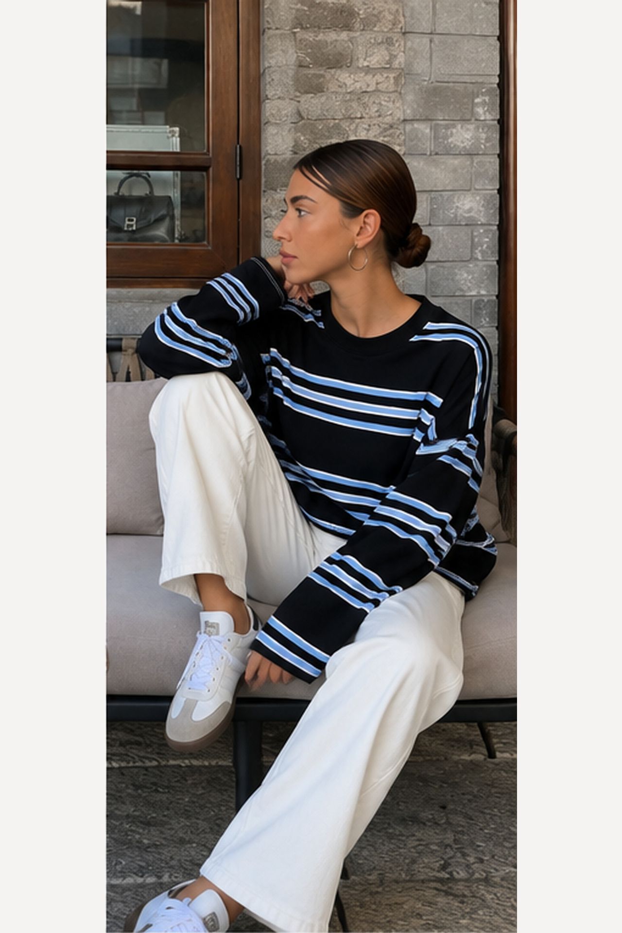 BIPANTOLON Kadın Oversize Çizgili Bisiklet Yaka Sweatshirt 3