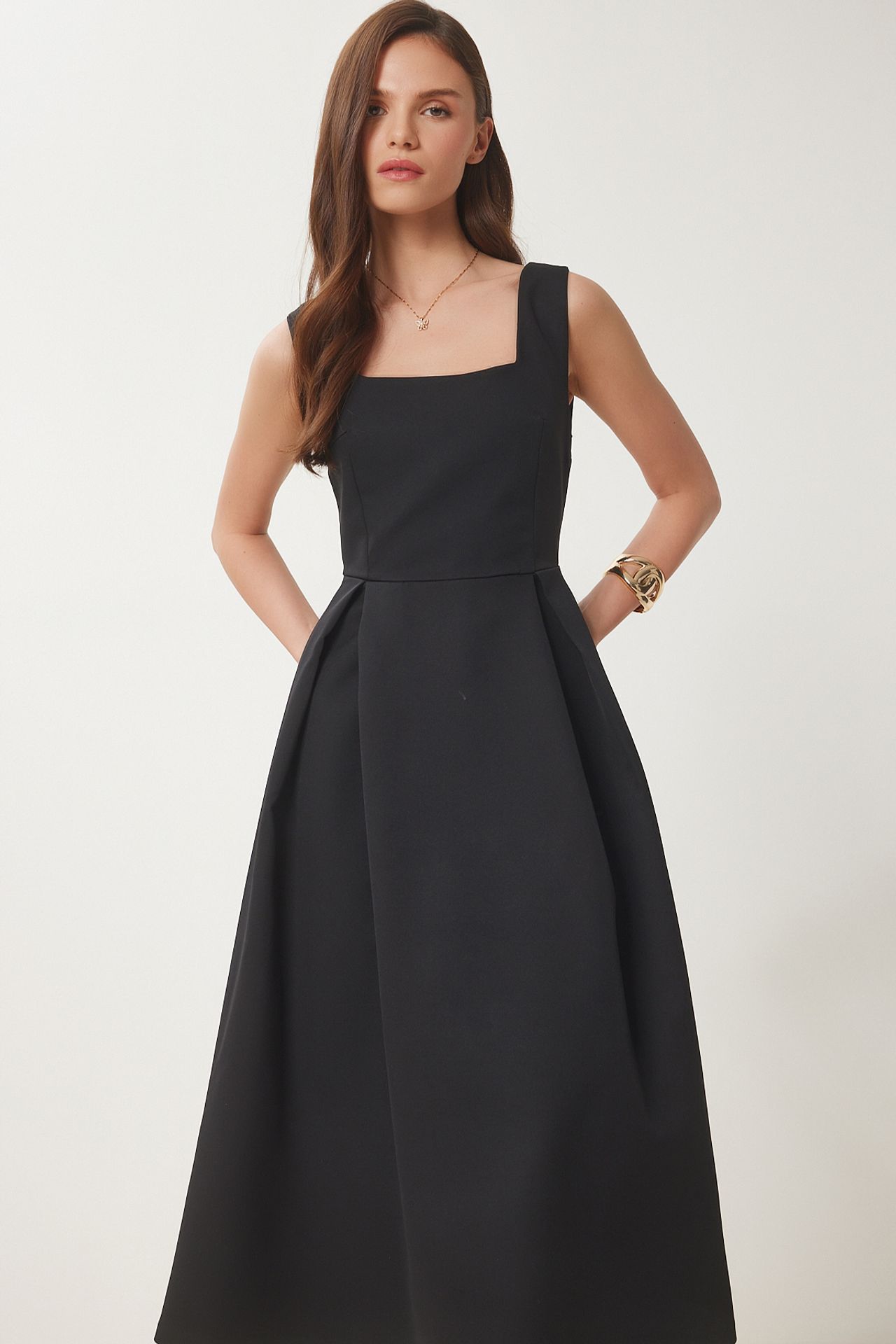 ISTANBUL Square Collar A-Form Midi Dress with Zipper Closure 3