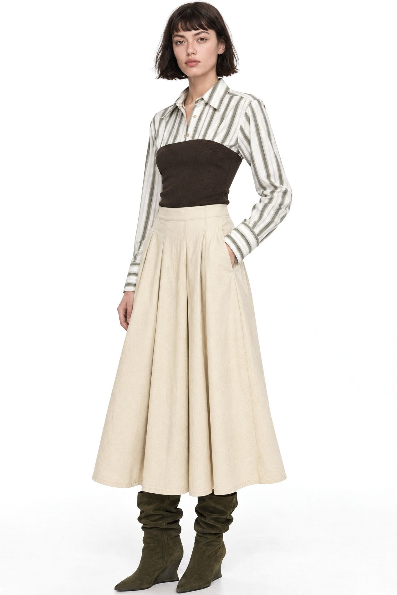 MIXRAY High Waist A-Line Midi Skirt 2