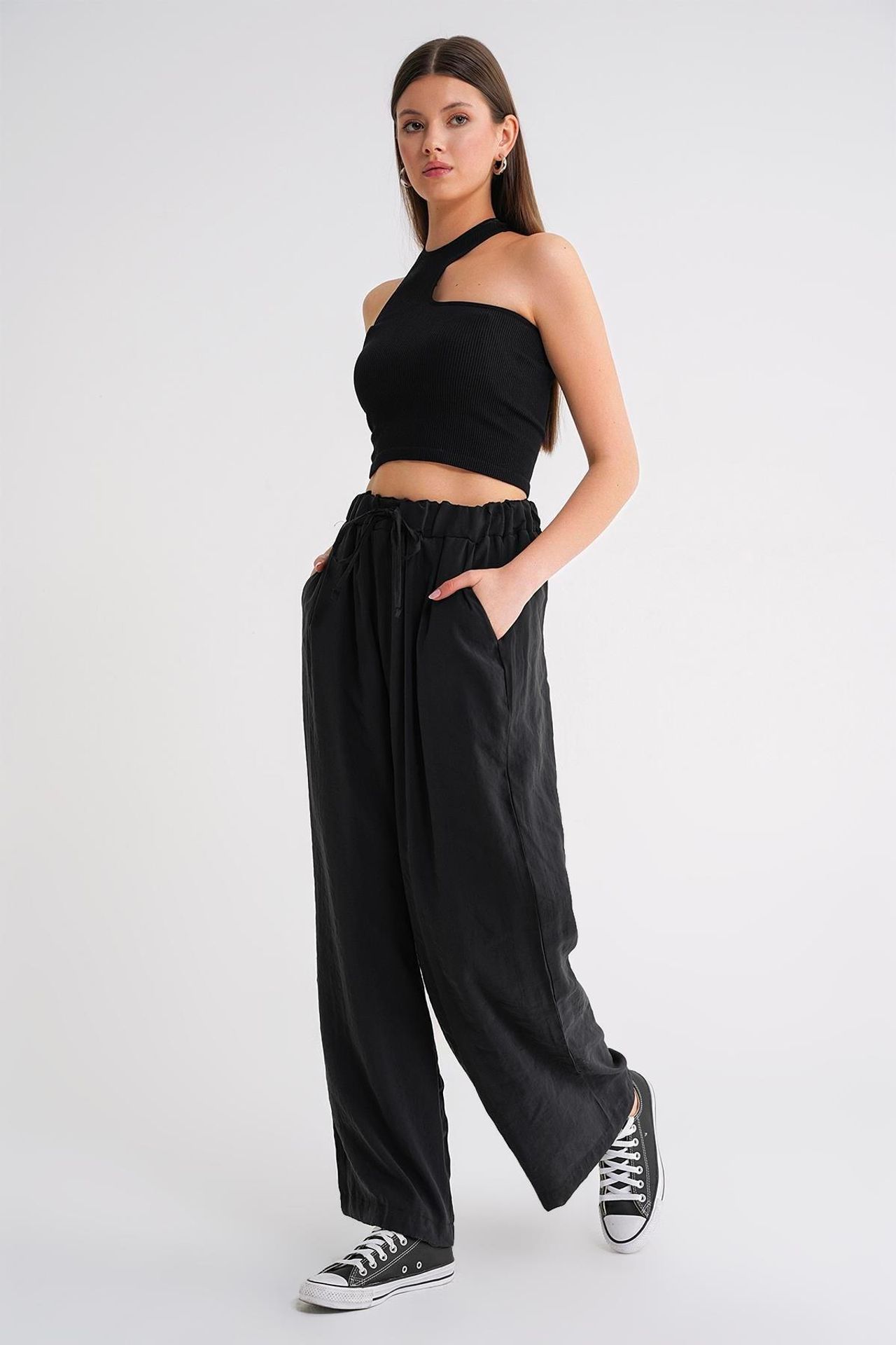 Mixray High Waist Modal Pleated Palazzo Pants with Drawstring 3