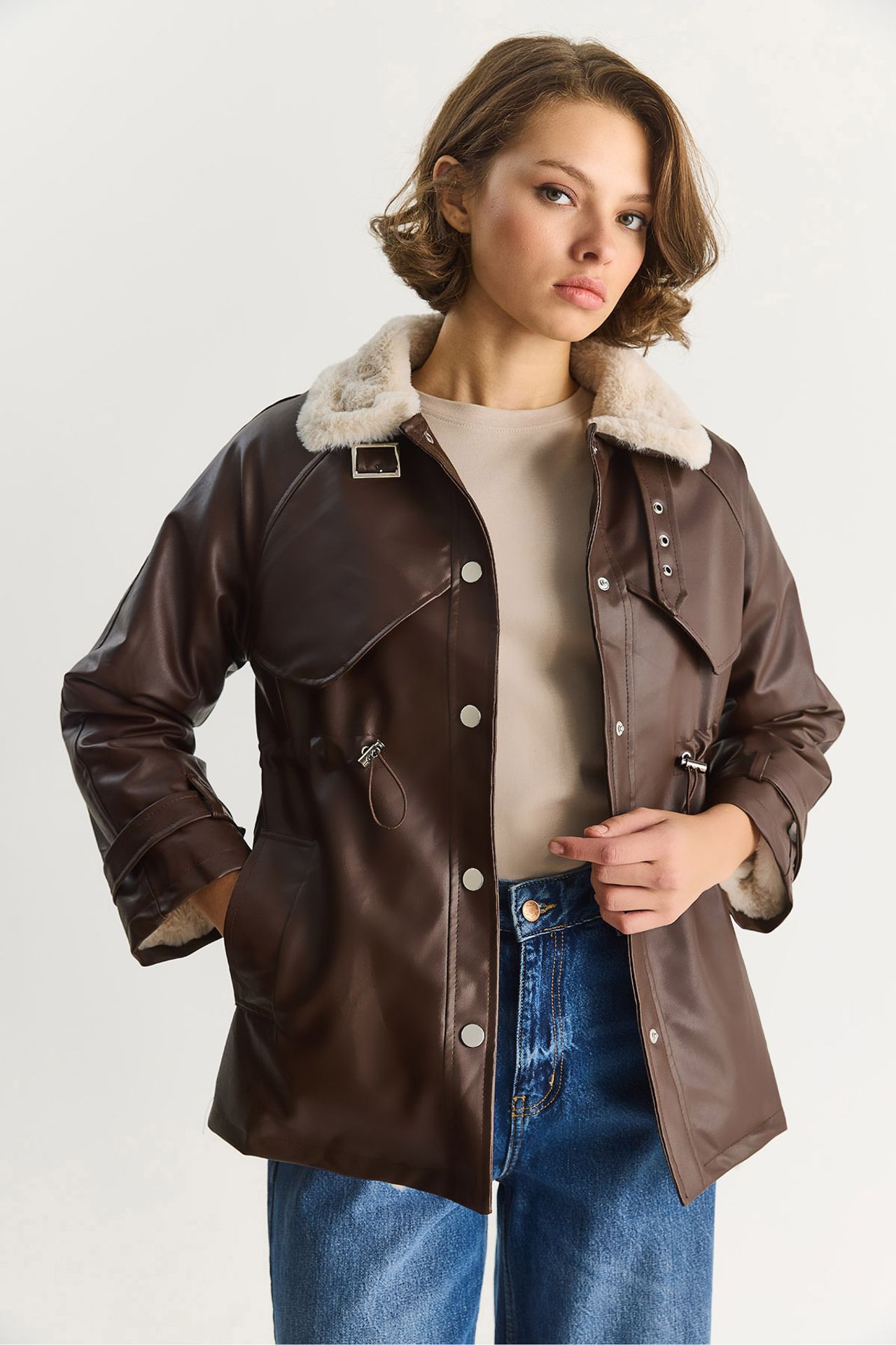 LUCCI Faux Leather Jacket with Faux Fur Detail