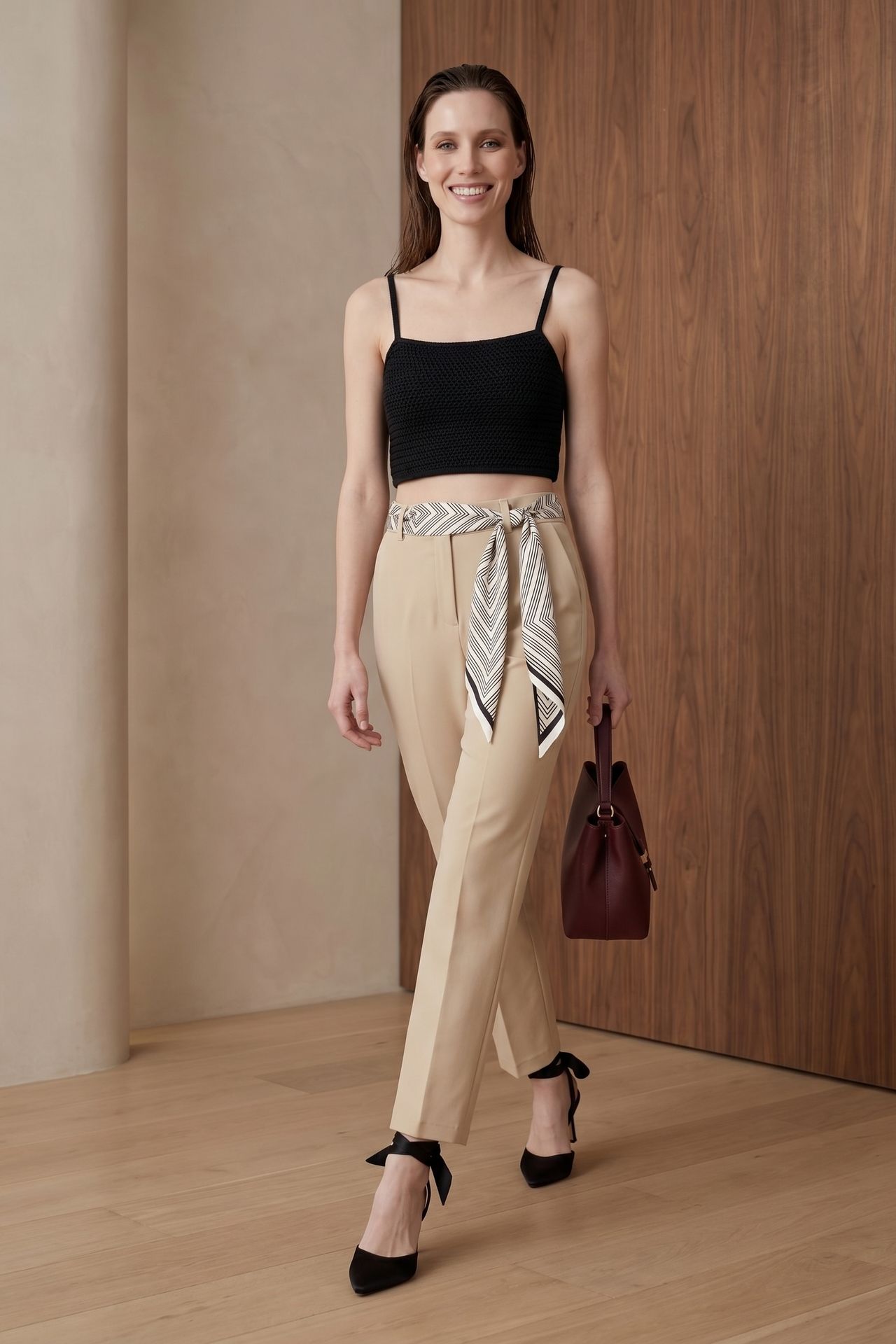 MY FASHION High-Waist Straight-Leg Crepe Trousers with Belt 1