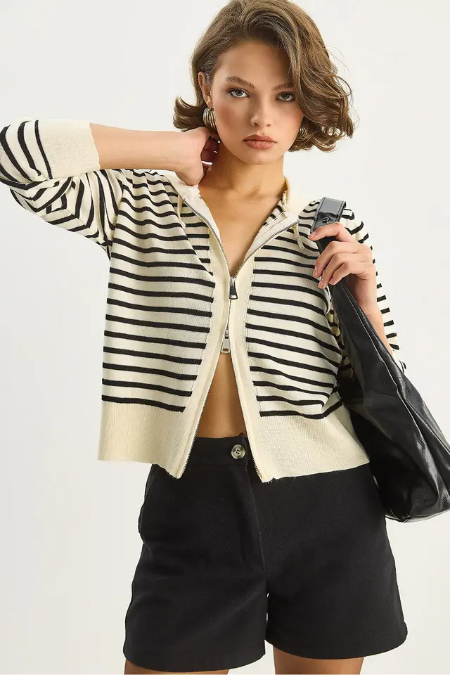 LUCCI Striped Hooded Zipper Cardigan