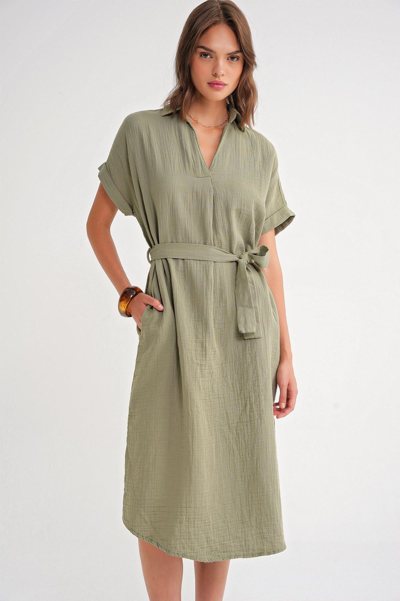 Mixray Belted Short-Sleeve Midi Dress 2
