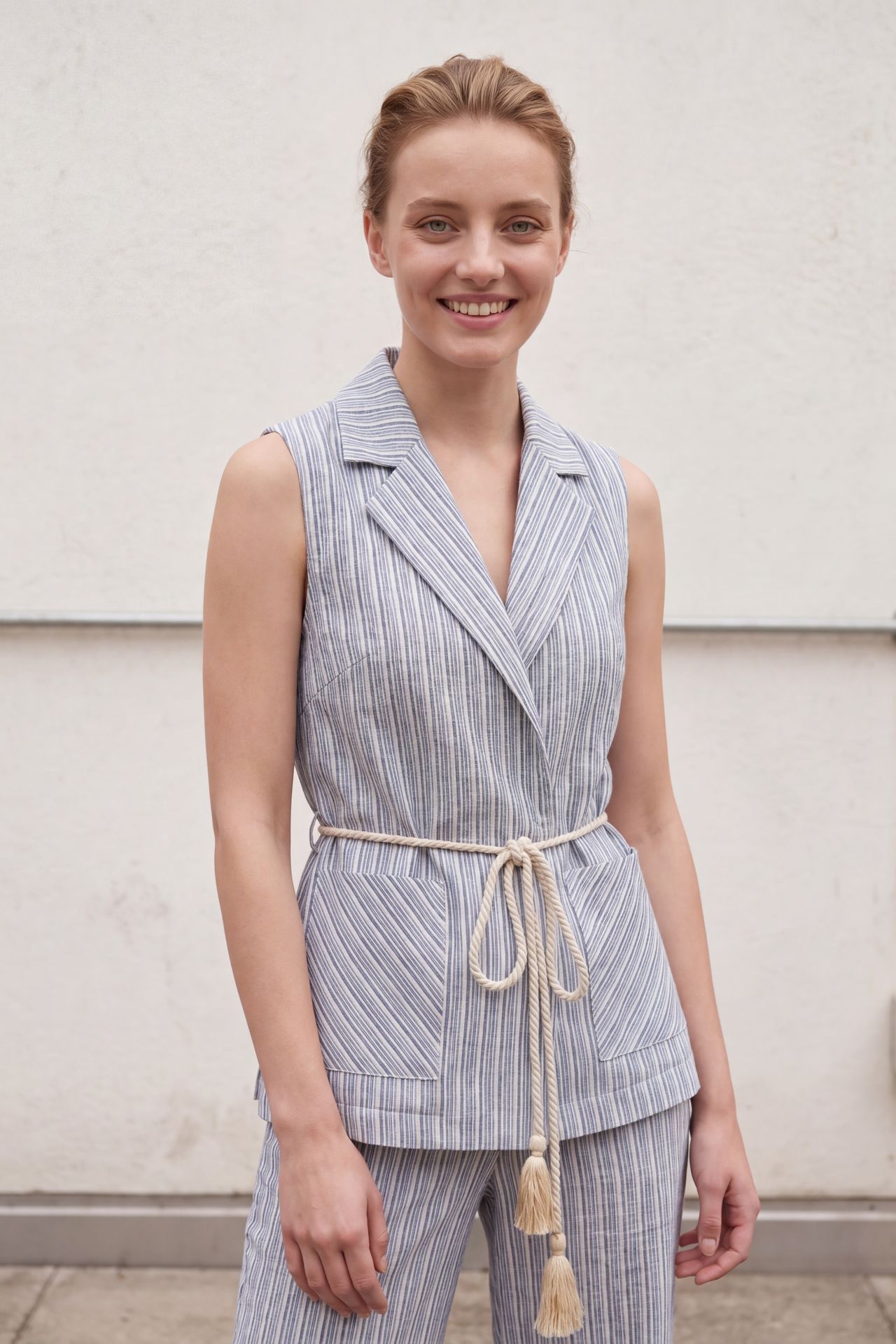 MY FASHION Striped Shawl-Collar Vest and Wide-Leg Trousers Set 5