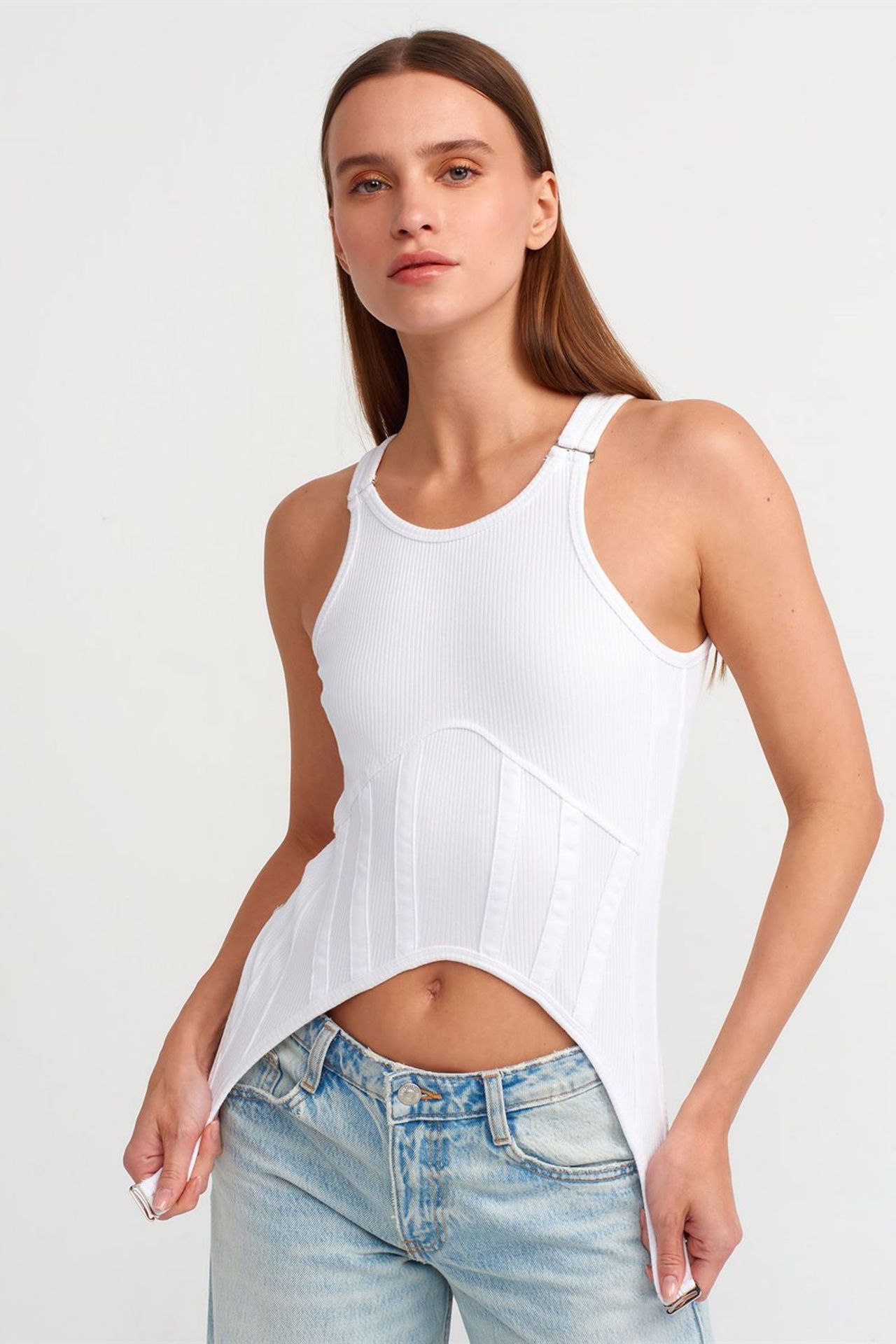 DILVIN Cotton Ribbed Zip Crop Corset Top 1