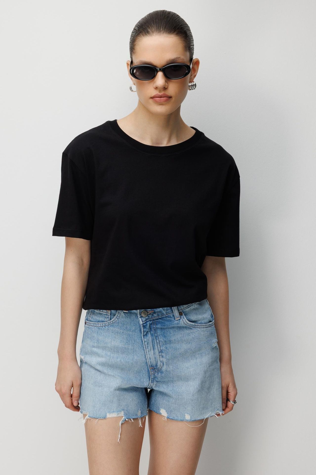 MIXRAY Oversized Ribbed Crew Neck Two-Piece T-Shirt Set 2