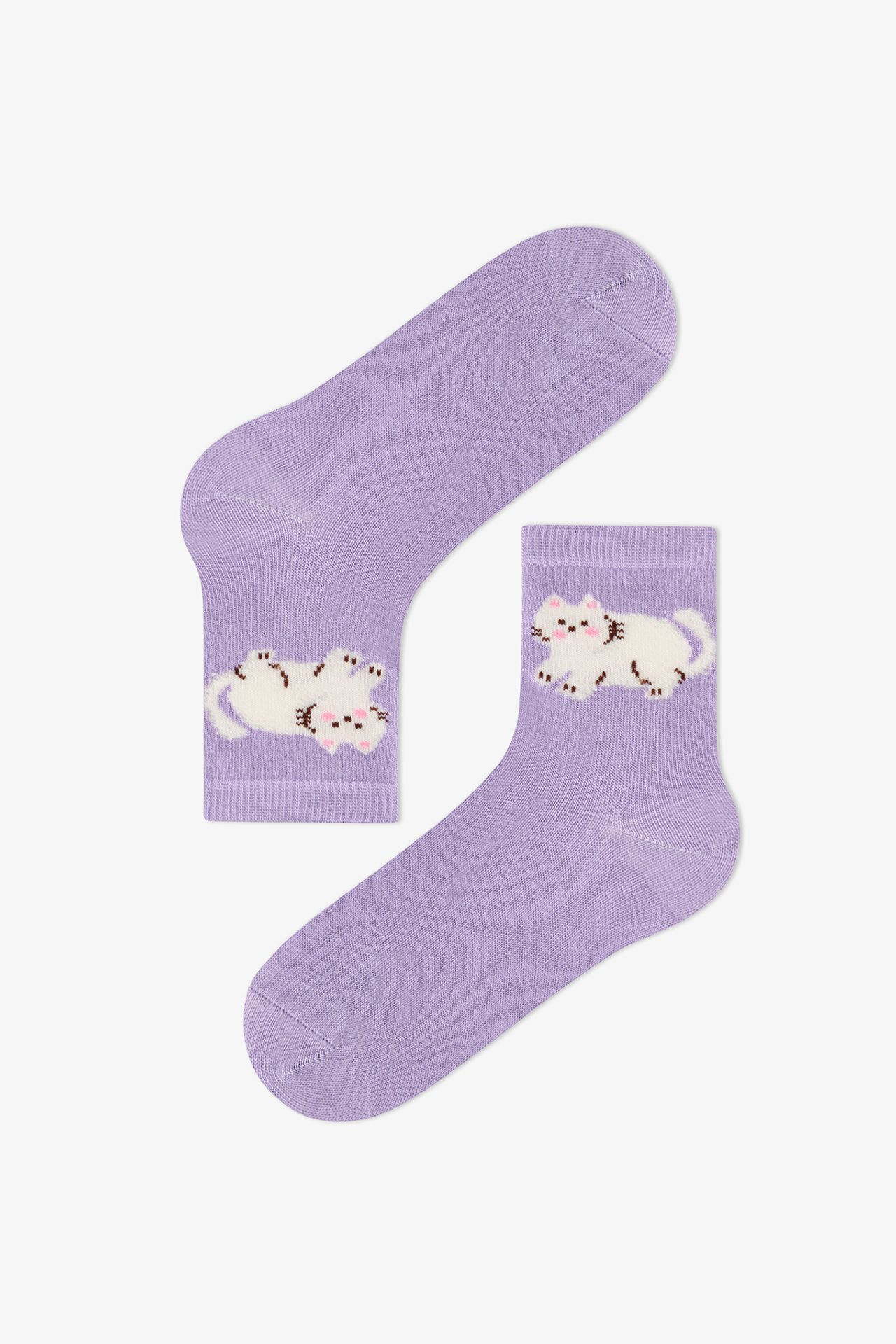 PENTI Girls' Fluffy Cat Pattern Cotton 2-Pack Ankle Socks 2