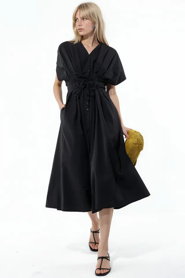 BUSEM Casual V-Neck Midi Shirt Dress